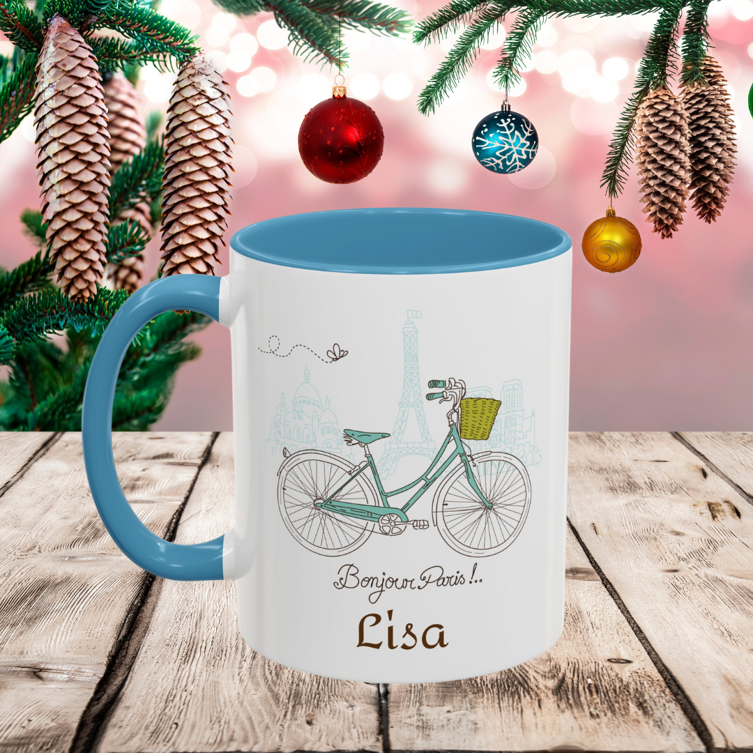 Personalized Parisian Bike Coffee Mug, Cute Gift for Coffee Lovers, Unique Accent Mug, Ideal for Birthdays, Housewarming, or Friends