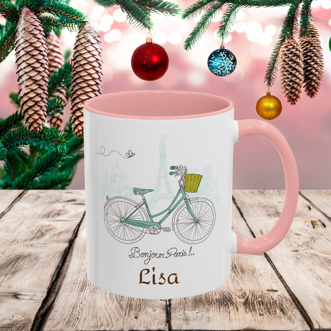 Personalized Parisian Bike Coffee Mug, Cute Gift for Coffee Lovers, Unique Accent Mug, Ideal for Birthdays, Housewarming, or Friends