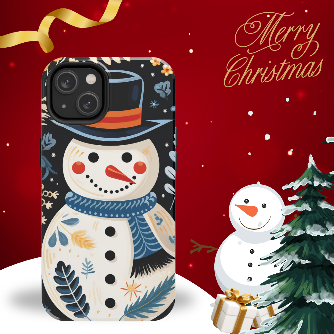 Festive Snowman Phone Case, Christmas Holiday Phone Cover For iPhone And Samsung, Impact Resistant Case, Inner Rubber Lining Cover