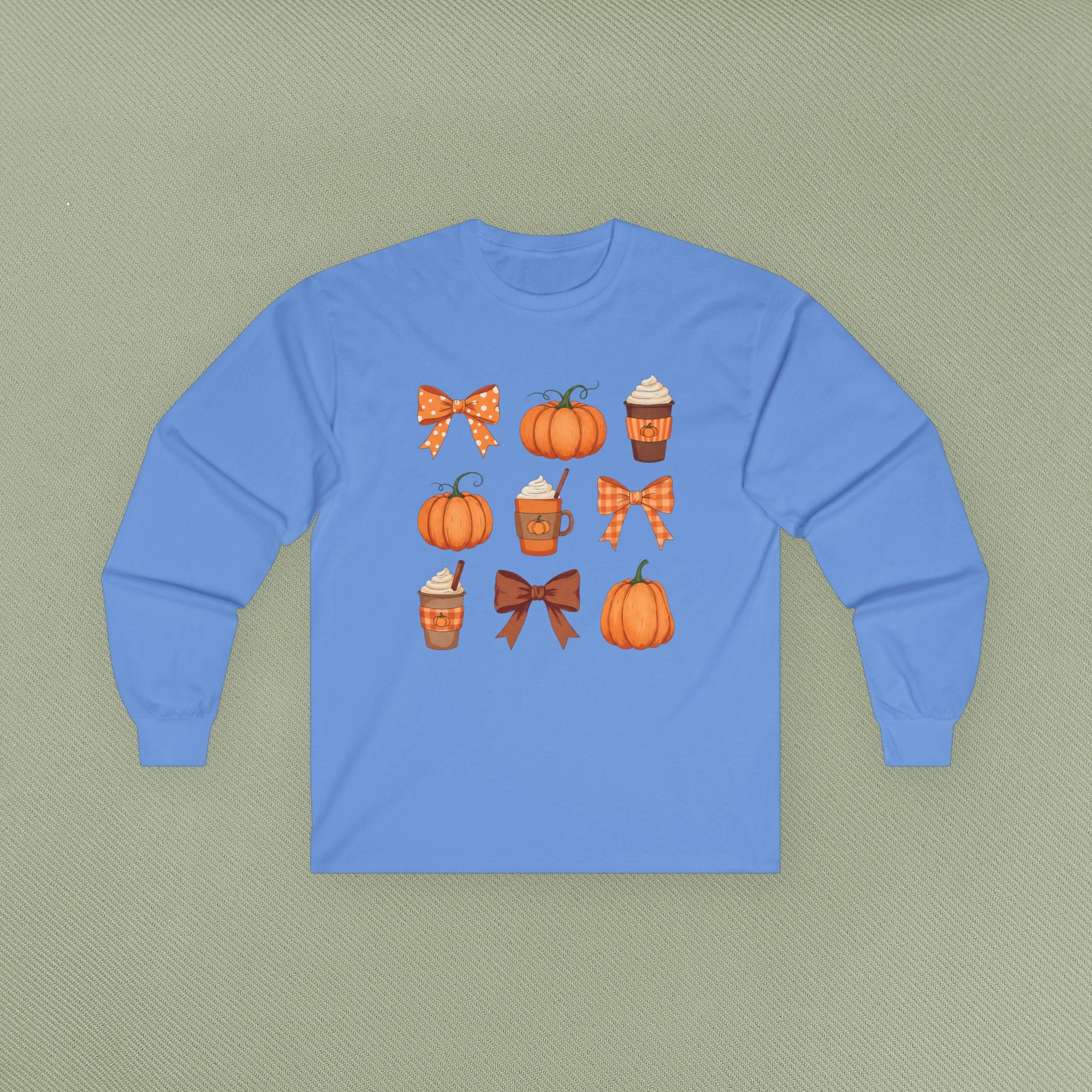 Autumn Vibes Long Sleeve Tee | Pumpkin and Bow Graphic | Cozy Fall Fashion, Thanksgiving, Gift for Her, Seasonal Apparel