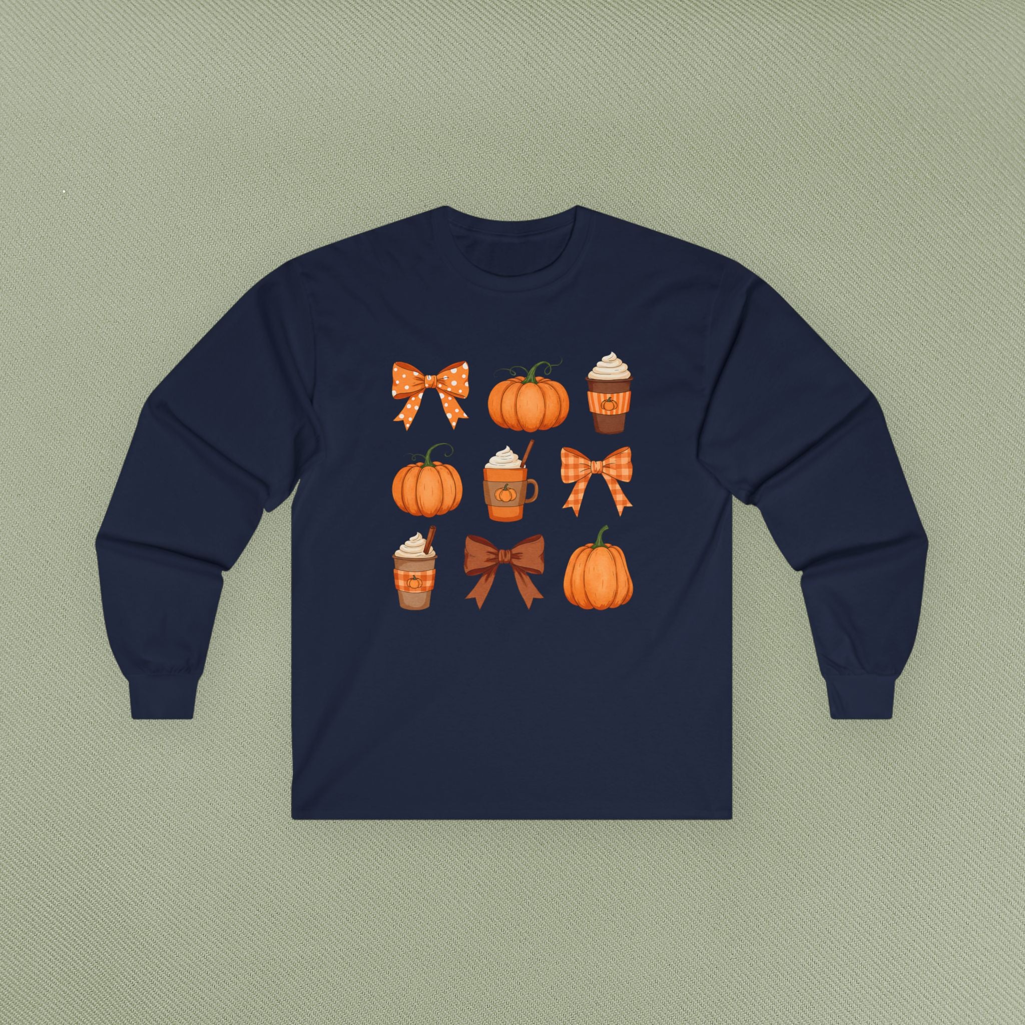Autumn Vibes Long Sleeve Tee | Pumpkin and Bow Graphic | Cozy Fall Fashion, Thanksgiving, Gift for Her, Seasonal Apparel