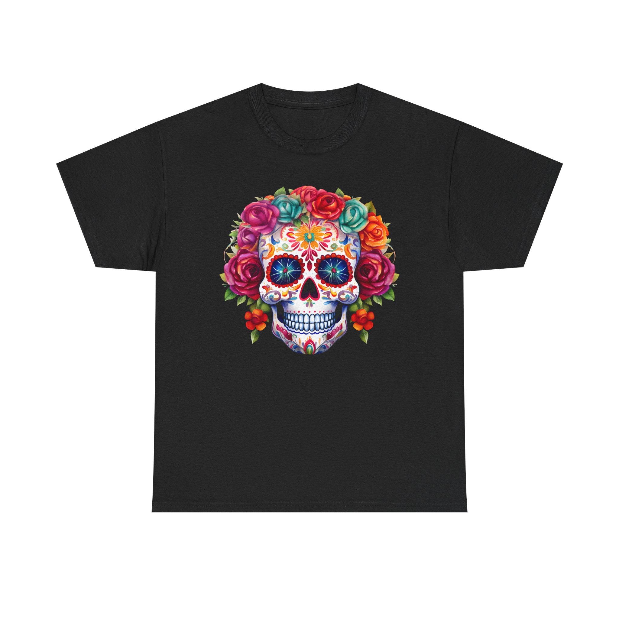 Sugar Skull Floral Heavy Cotton Tee - Day of the Dead Inspired Shirt