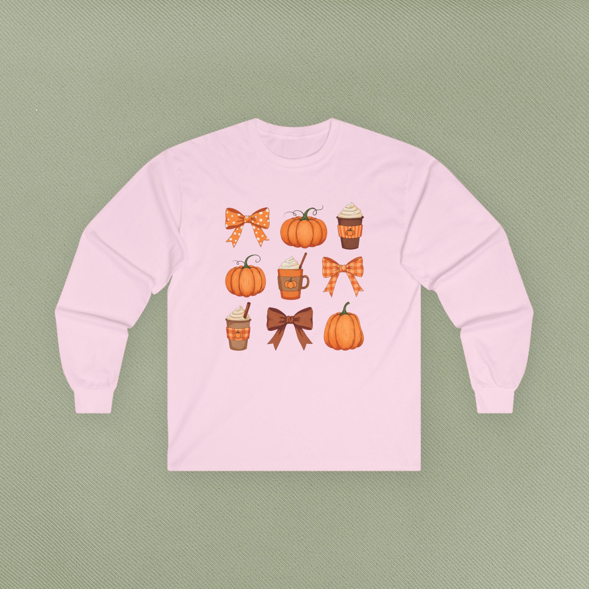 Autumn Vibes Long Sleeve Tee | Pumpkin and Bow Graphic | Cozy Fall Fashion, Thanksgiving, Gift for Her, Seasonal Apparel