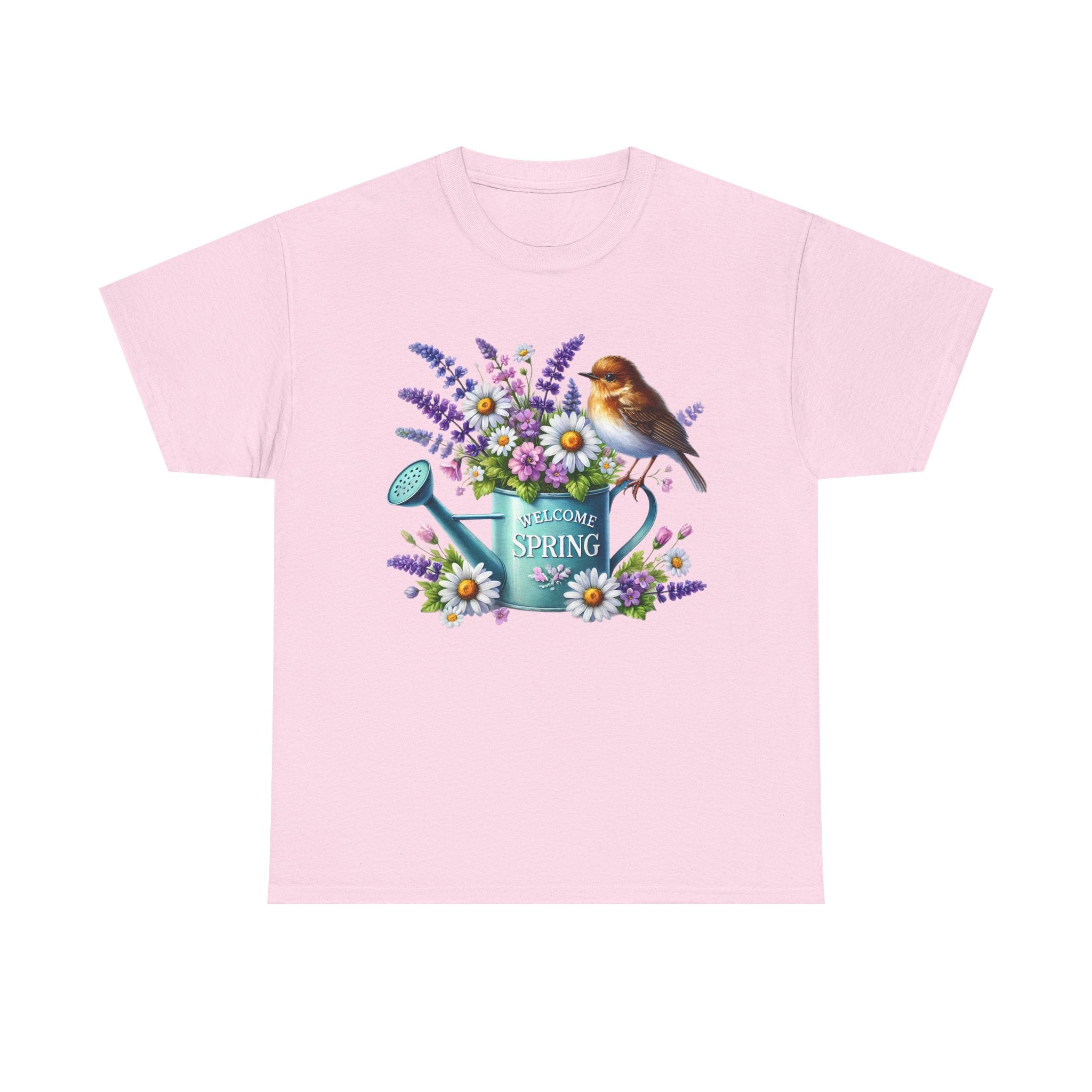Welcome Spring Heavy Cotton Tee - Floral Design with Birds, Perfect for Garden Lovers