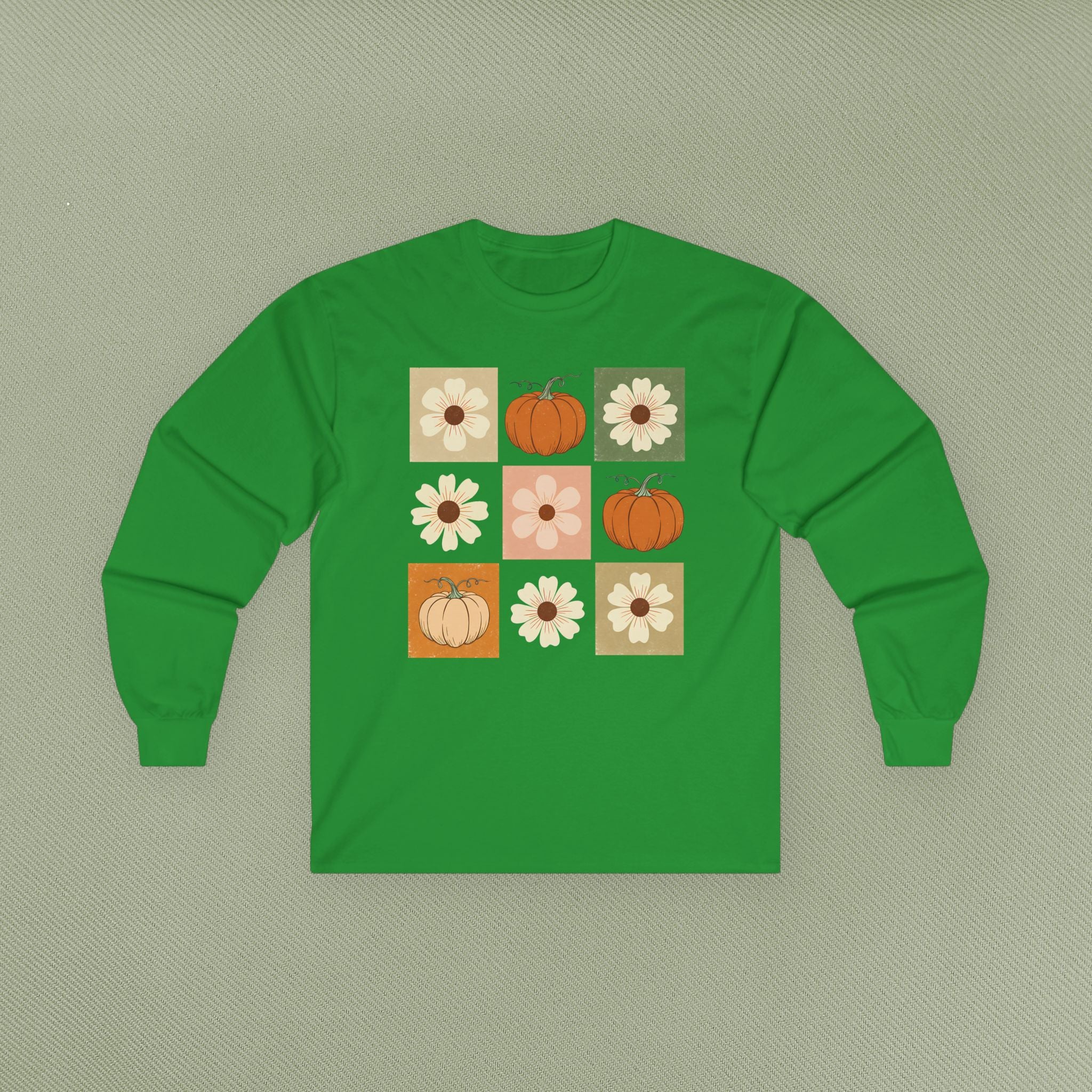 Fall Floral Pumpkin Long Sleeve Tee, Cozy Autumn Top, Cute Harvest Shirt, Thanksgiving Apparel, Seasonal Gift