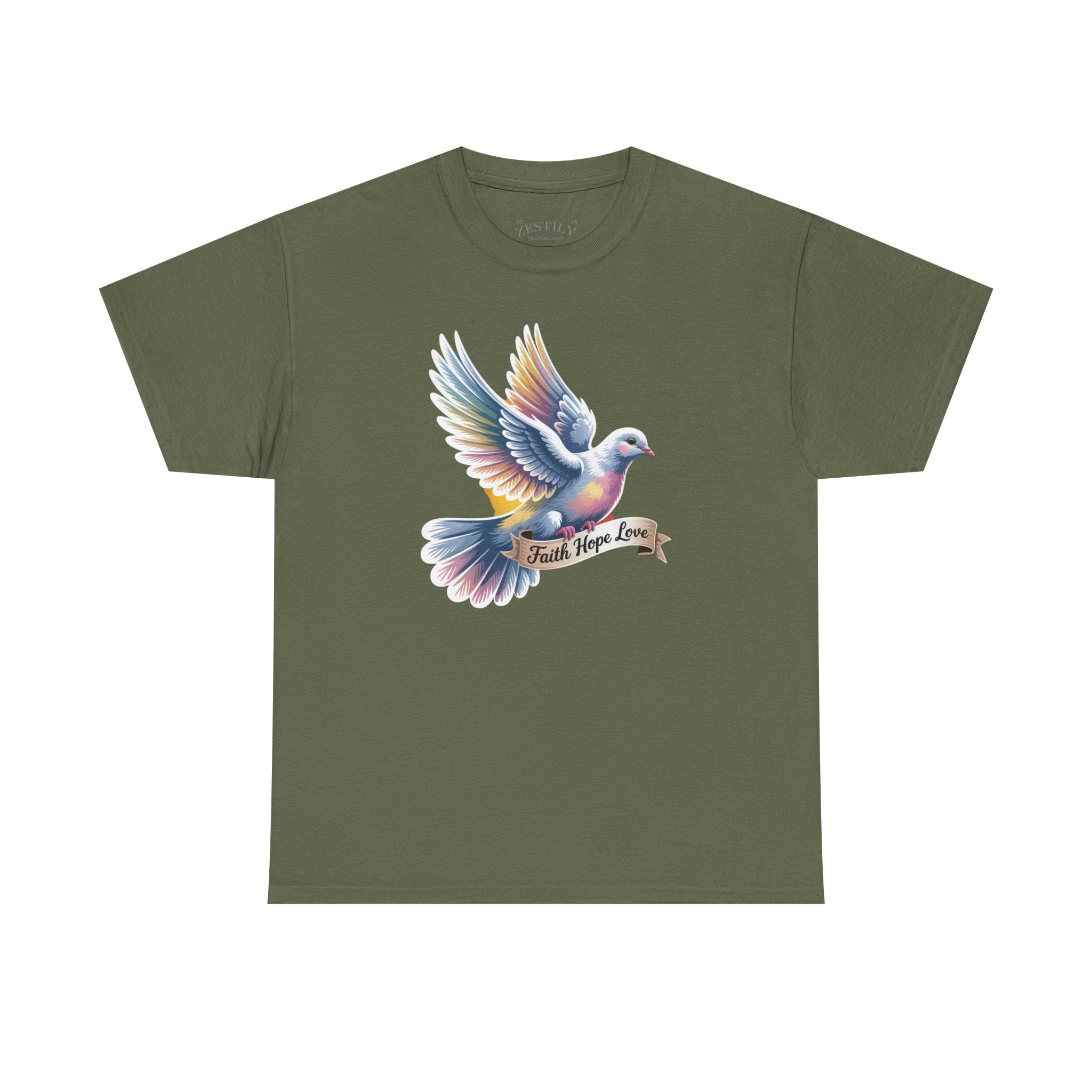 Vibrant Dove Tee - Trust, Hope, Love, Cotton Tee, Inspirational Gift, Casual Wear, Spiritual Apparel