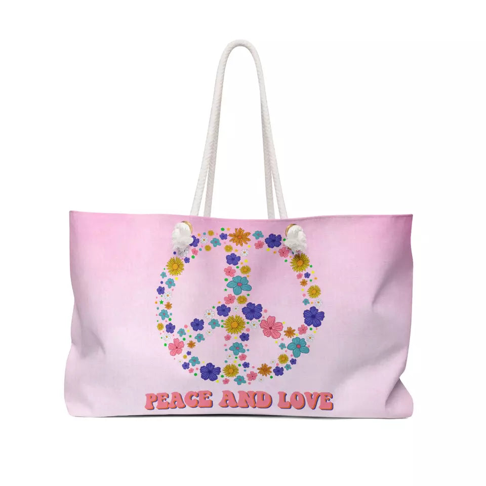 Peace Love Pink Tote Bag, XLarge Beach Bag, Yoga Bag, Weekend Travel Bag