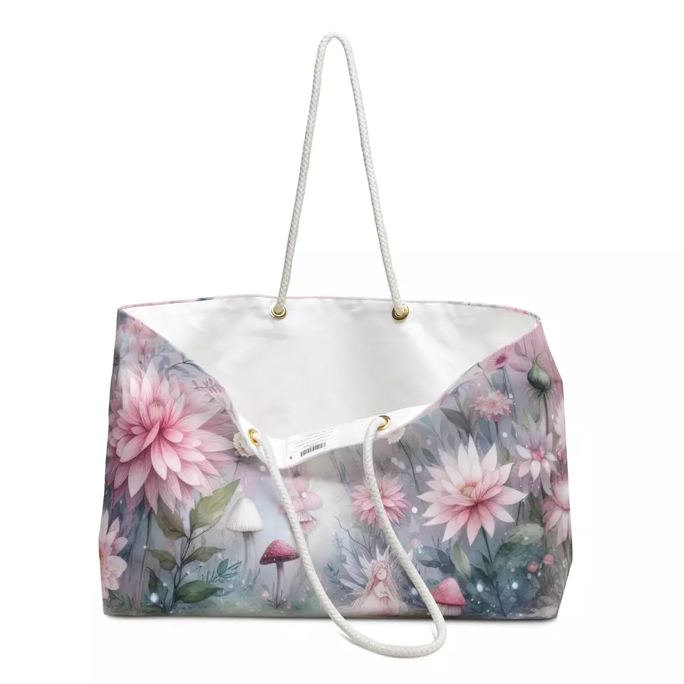 Pink Flowers Fairy, Floral Carryall, Fairy Garden, Magical Tote Bag