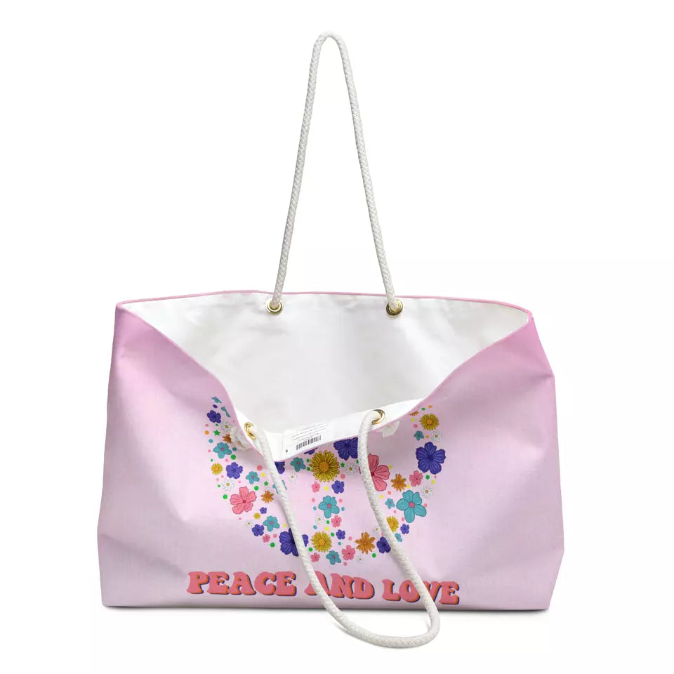 Peace Love Pink Tote Bag, XLarge Beach Bag, Yoga Bag, Weekend Travel Bag