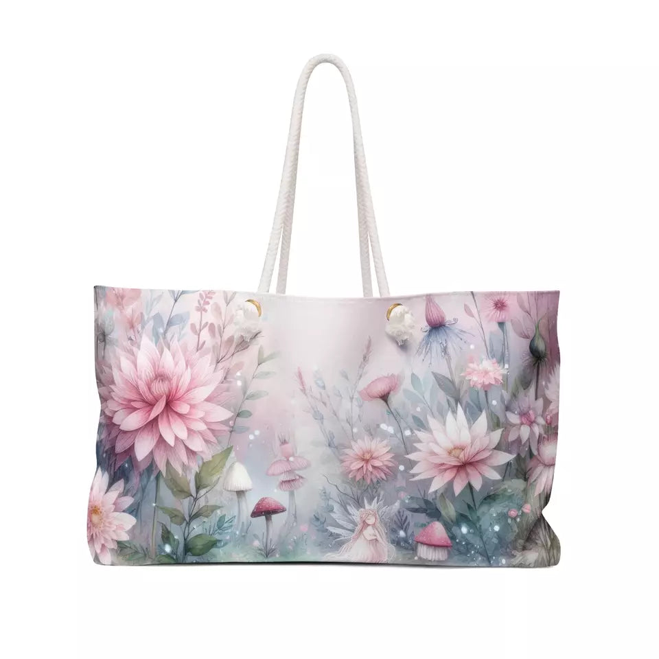 Pink Flowers Fairy, Floral Carryall, Fairy Garden, Magical Tote Bag