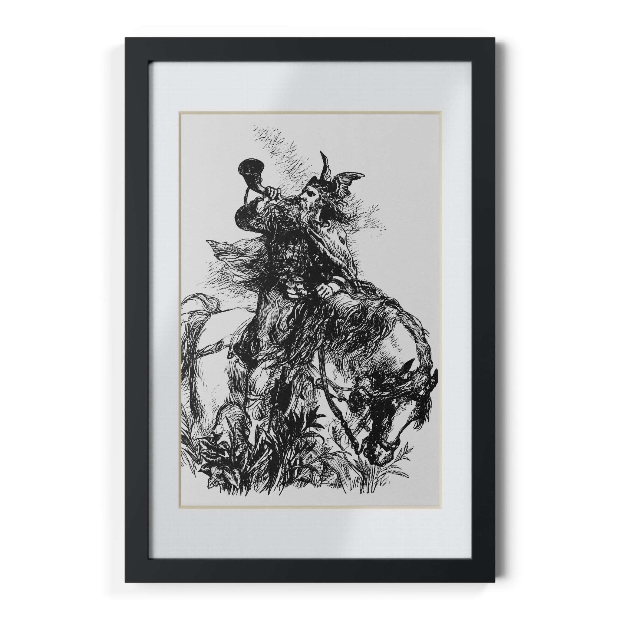 Viking Blowing Horn While On Horseback Black Framed Print