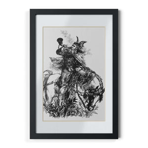 Viking Blowing Horn While On Horseback Black Framed Print
