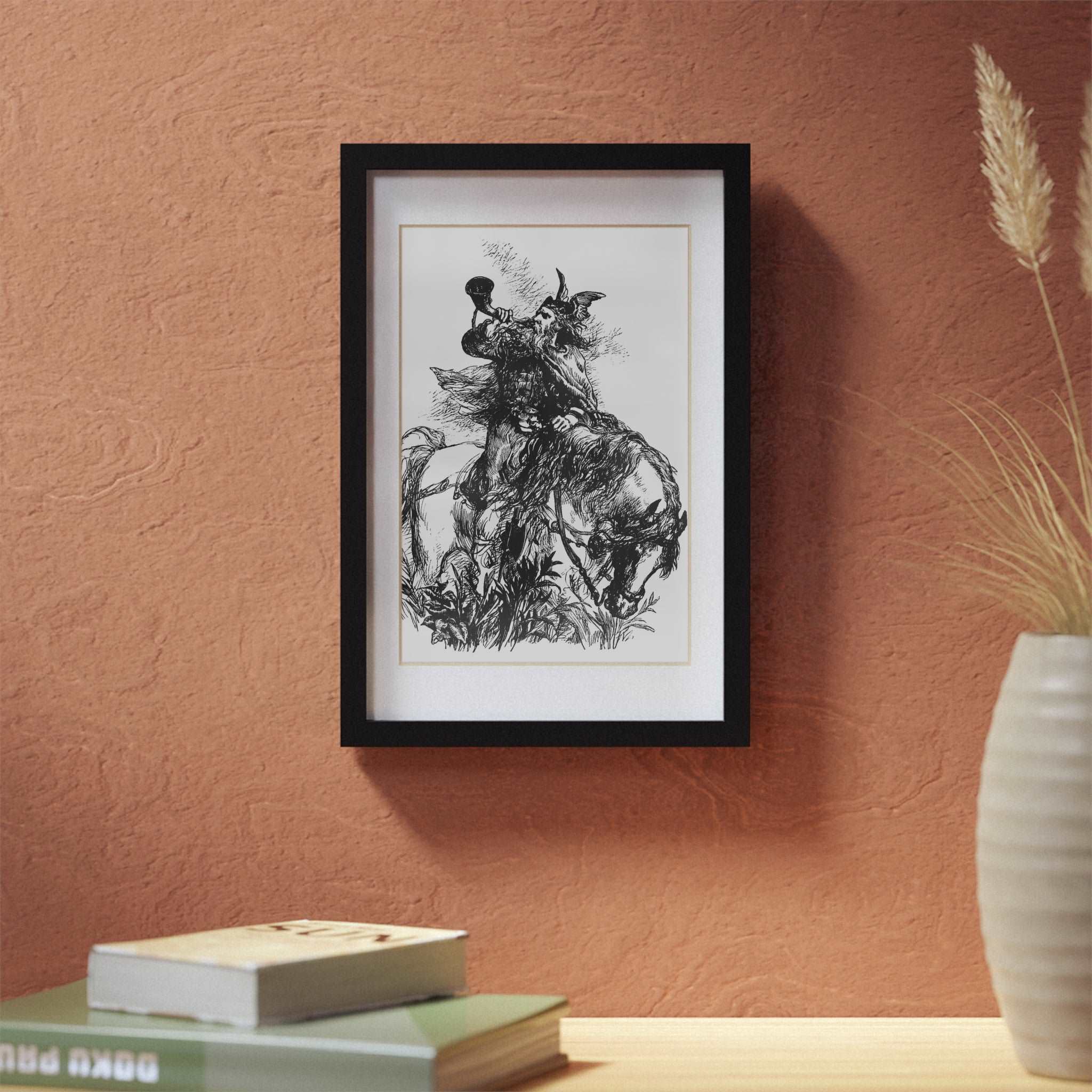 Viking Blowing Horn While On Horseback Black Framed Print