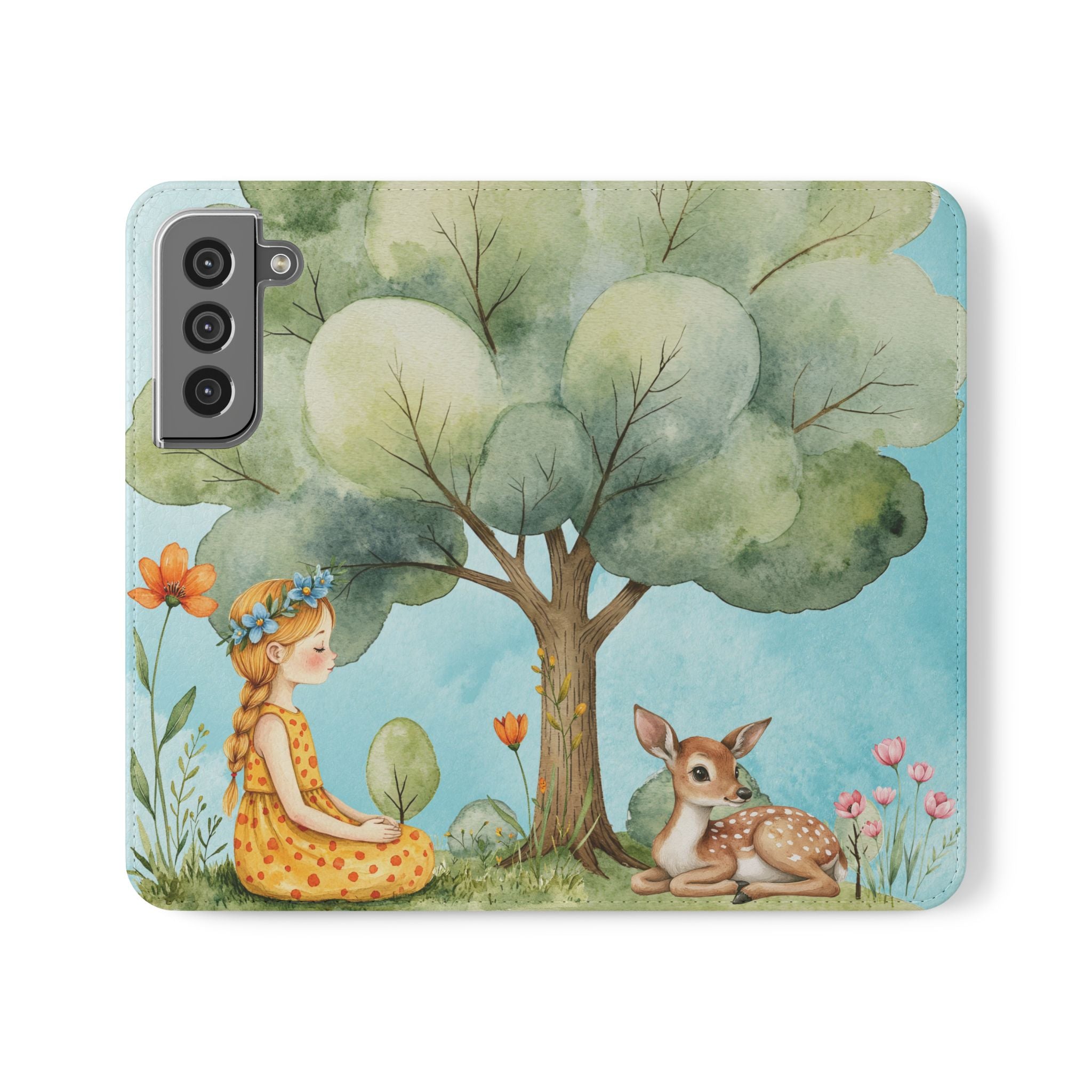 Whimsical Girl & Deer Floral Flip Case for iPhone Samsung, Cute Phone Holder, Forest Animal Cover, Nature Lover Accessory