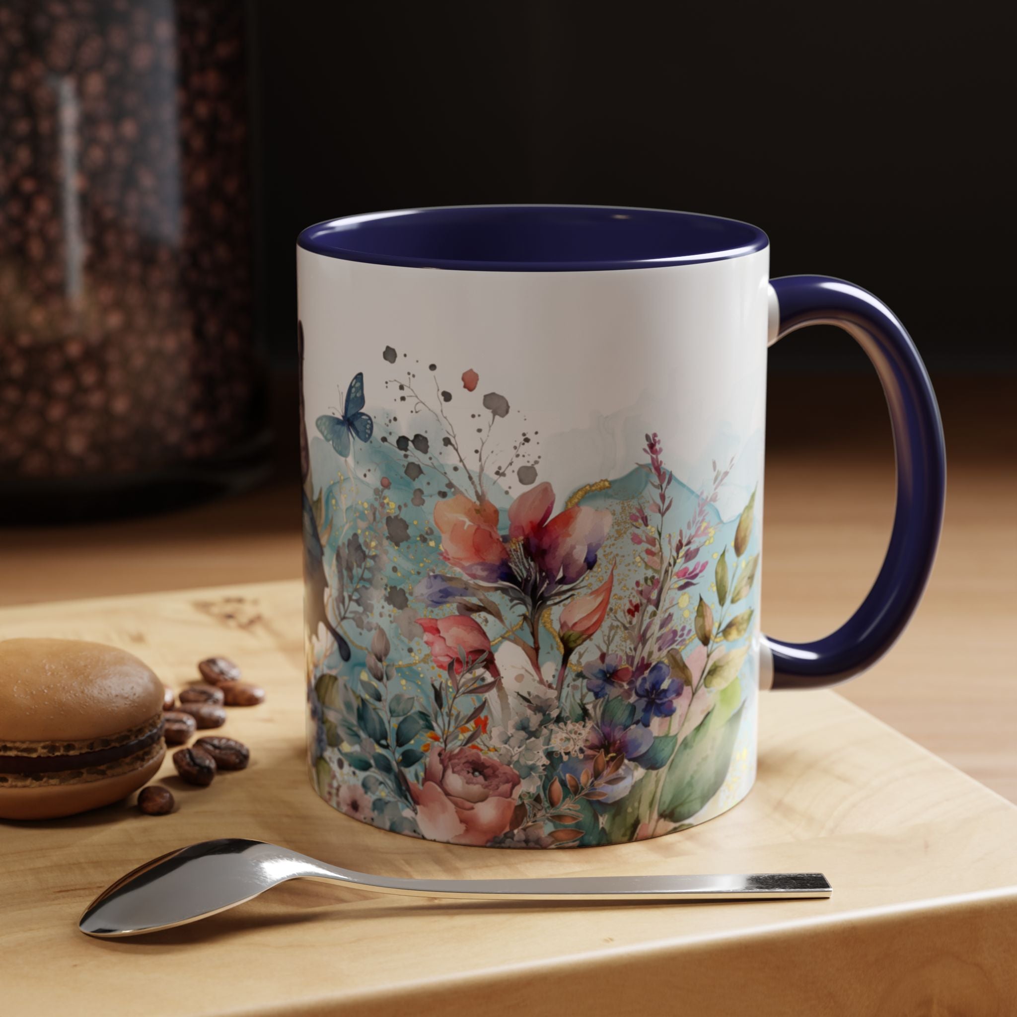 Floral Butterfly Navy Blue Accent Coffee Mug
