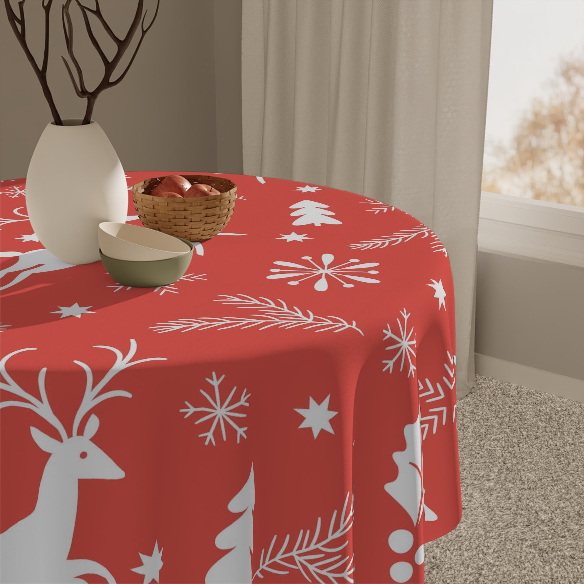 Red & White Reindeer Christmas Tablecloth