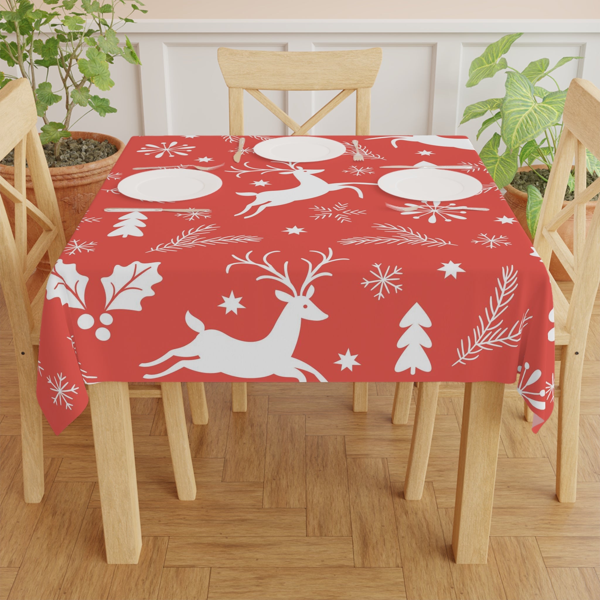 Red & White Reindeer Christmas Tablecloth