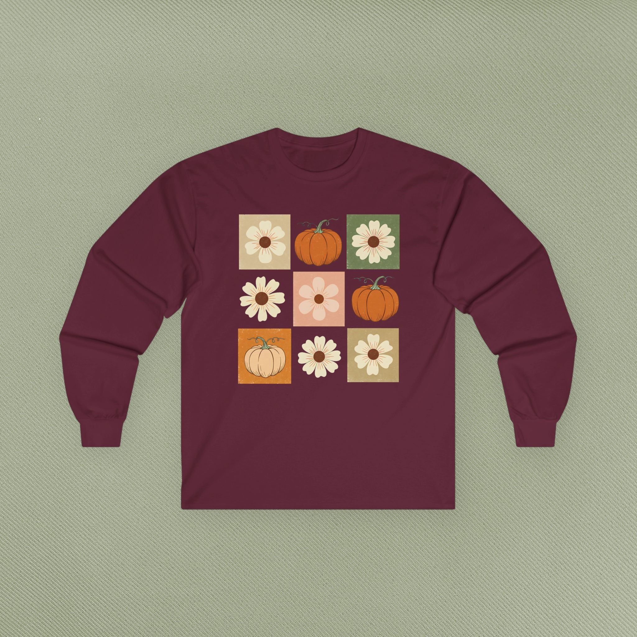 Fall Floral Pumpkin Long Sleeve Tee, Cozy Autumn Top, Cute Harvest Shirt, Thanksgiving Apparel, Seasonal Gift