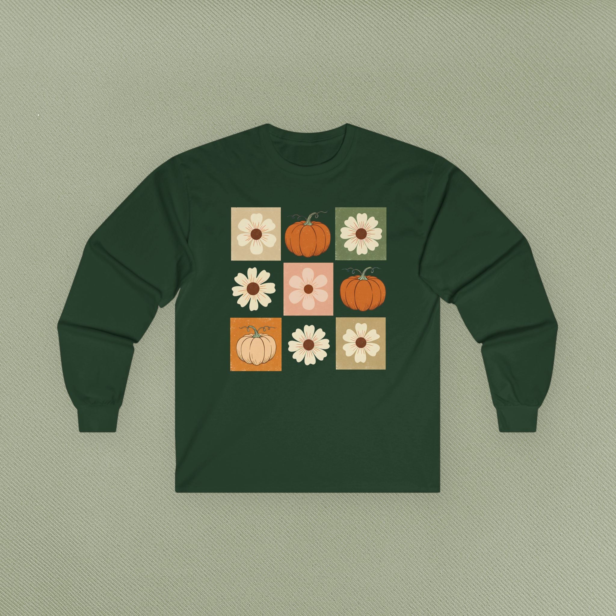 Fall Floral Pumpkin Long Sleeve Tee, Cozy Autumn Top, Cute Harvest Shirt, Thanksgiving Apparel, Seasonal Gift