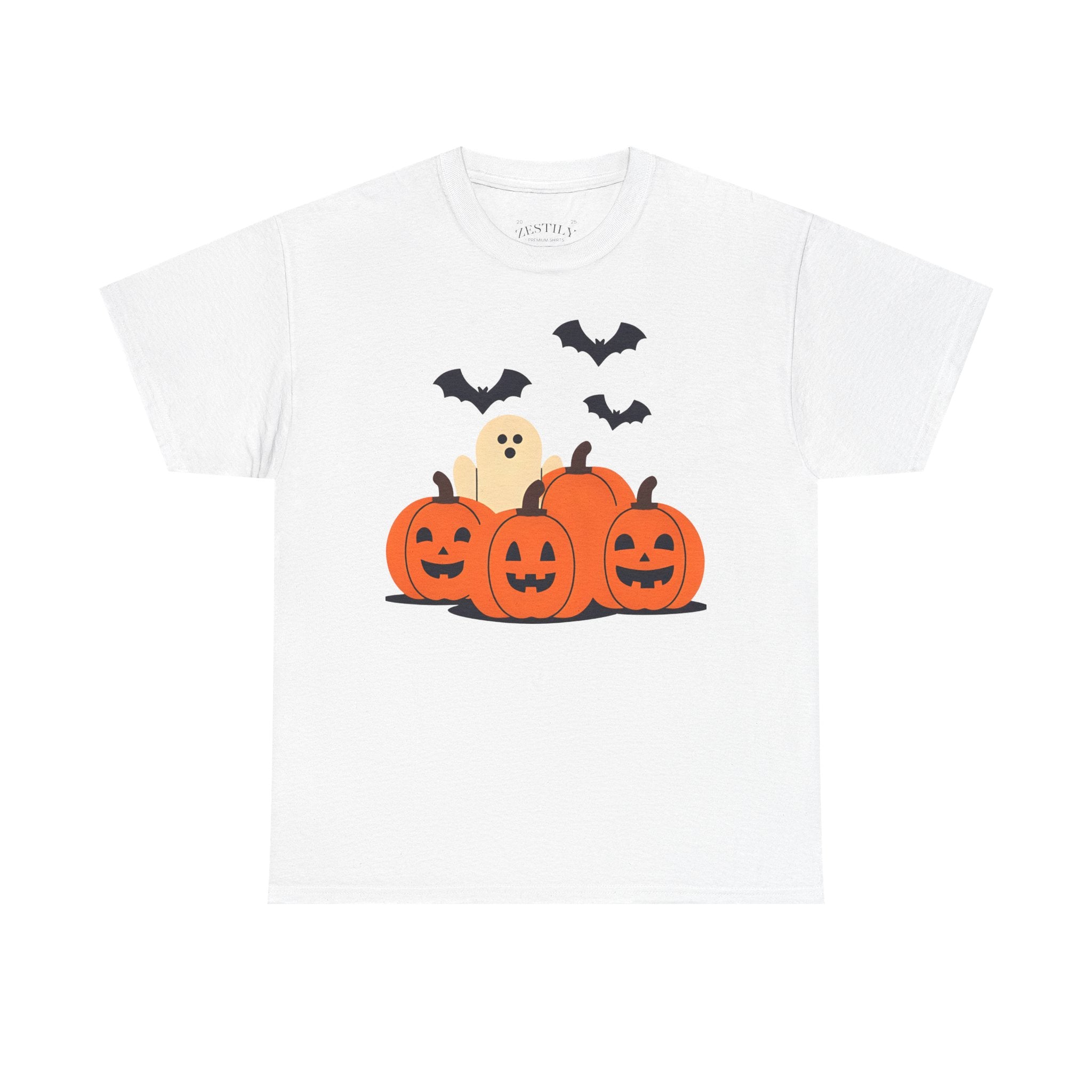 Halloween Ghost & Pumpkin Heavy Cotton Tee, Halloween shirt, spooky t-shirt, fall fashion, casual Halloween attire, cute ghost tee