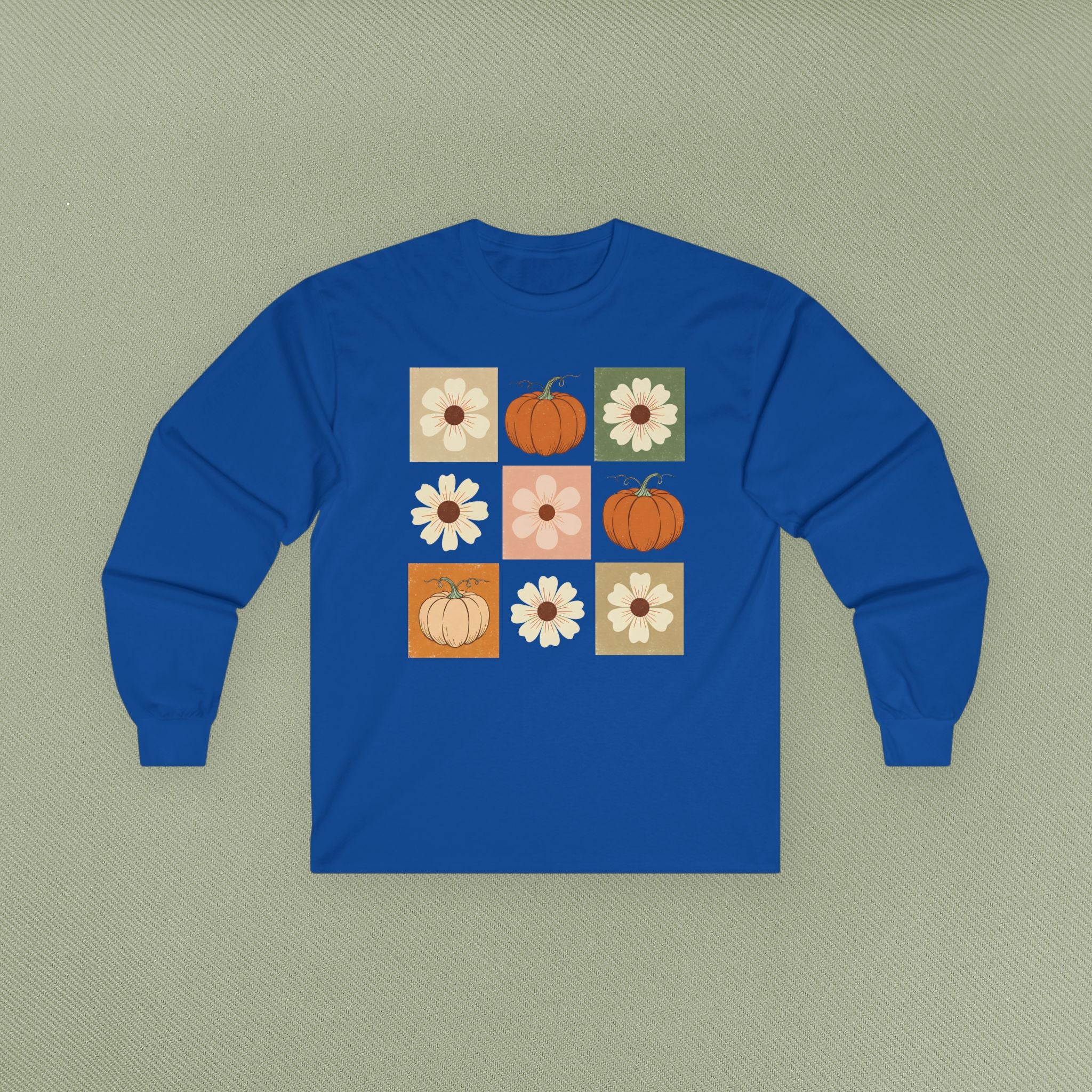 Fall Floral Pumpkin Long Sleeve Tee, Cozy Autumn Top, Cute Harvest Shirt, Thanksgiving Apparel, Seasonal Gift