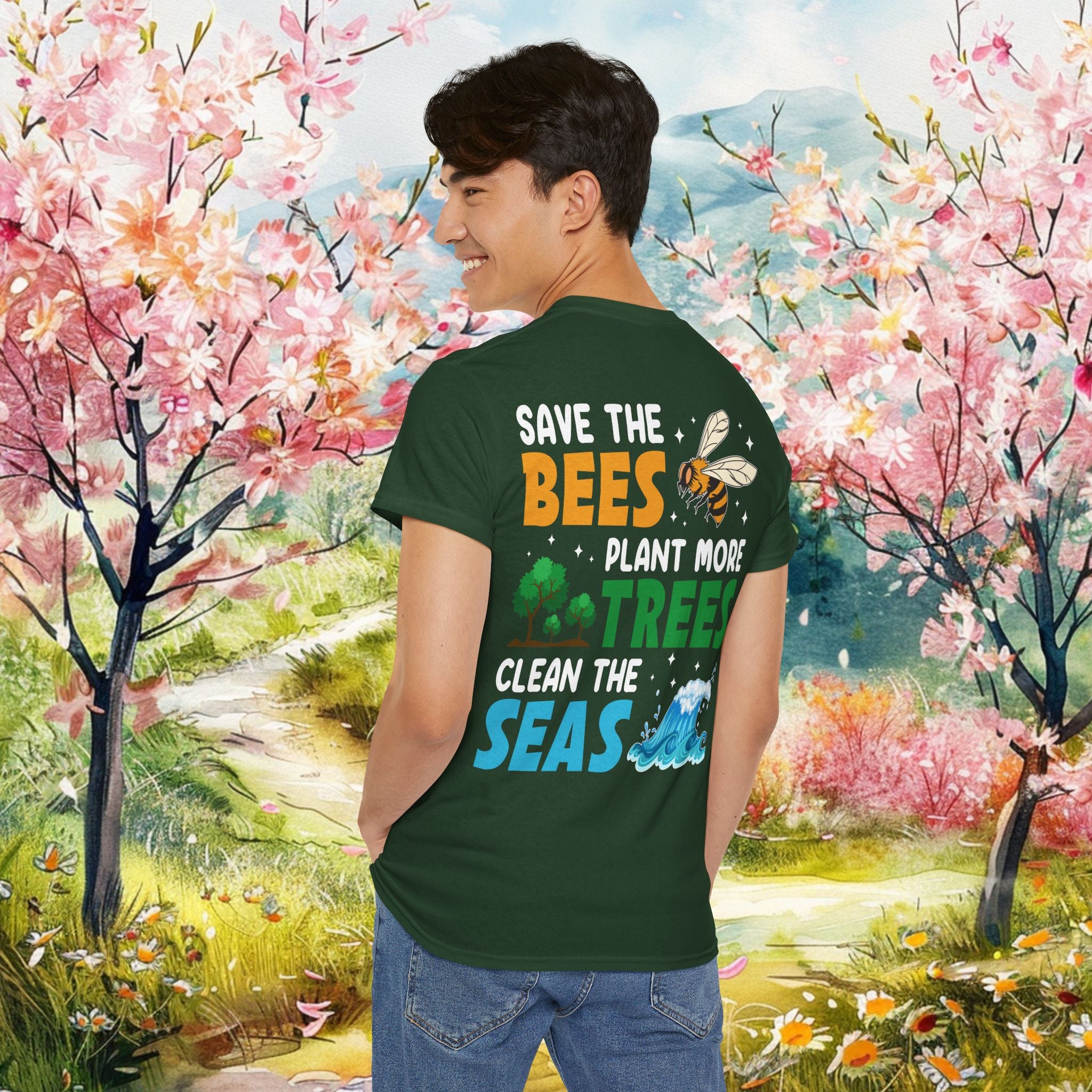 Eco-Friendly Heavy Cotton Tee Earth Save the Bees, Plant Trees, Clean Seas T-Shirt