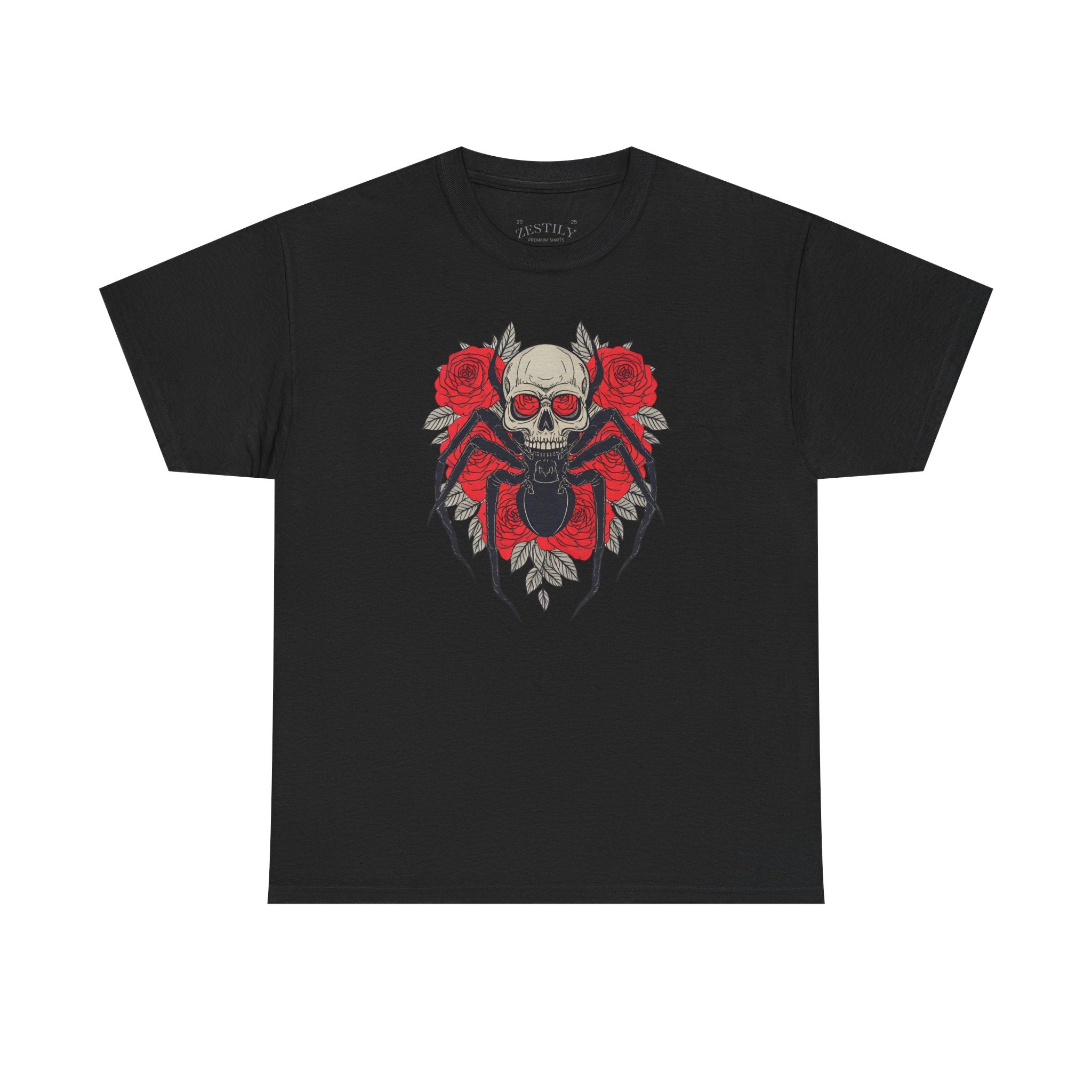 Gothic Skull and Roses Spider Tee, Heavy Cotton Tee, Edgy T-Shirt, Halloween Gift, Alternative Fashion, Graphic Tee, Casual Wear