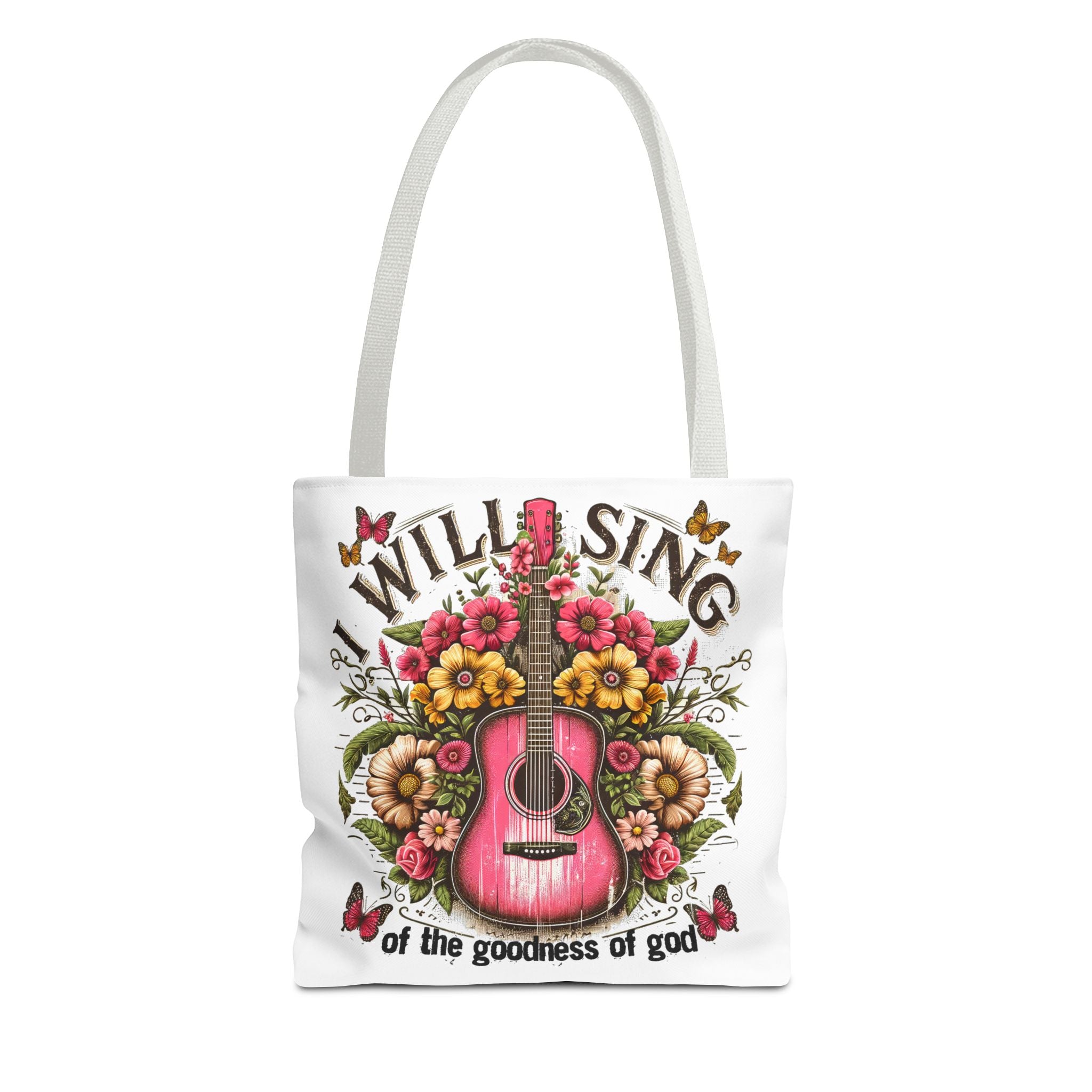 "I Will Sing of the Goodness of God" Floral Guitar Tote Bag Stylish Eco-Friendly Carryall for Music Lovers & Showing Your Faith