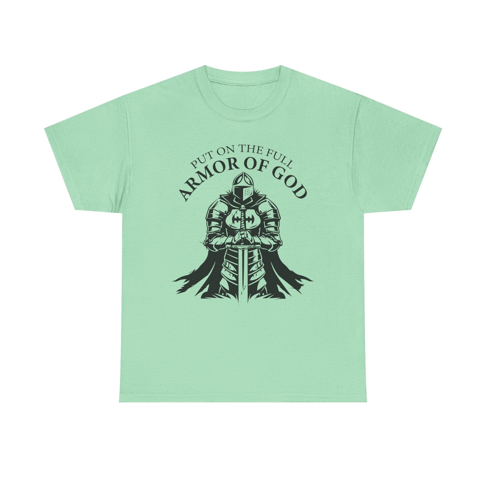 Inspirational Christian Tee 'Put on the Full Armor of God' with Romans 6:23 Faith Heavy Cotton T-Shirt