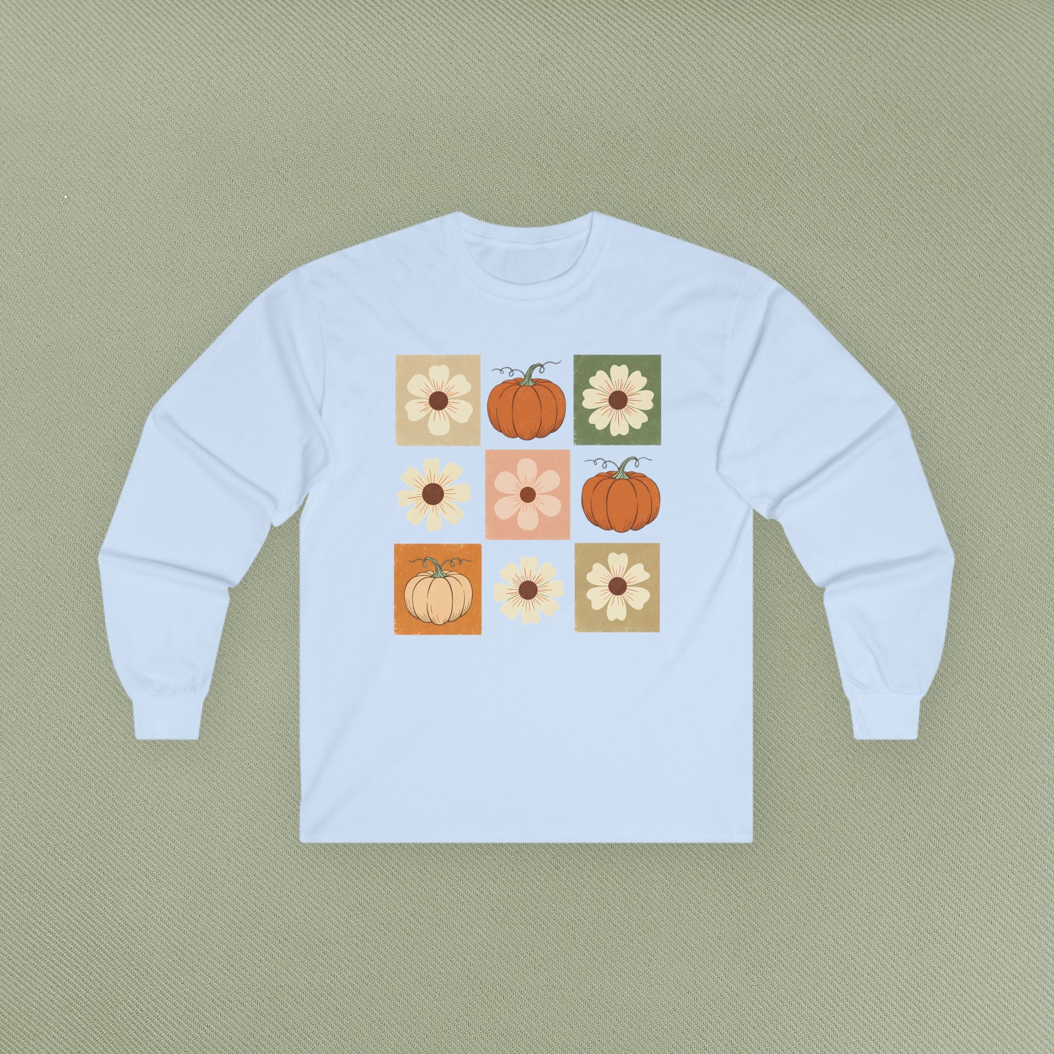 Fall Floral Pumpkin Long Sleeve Tee, Cozy Autumn Top, Cute Harvest Shirt, Thanksgiving Apparel, Seasonal Gift