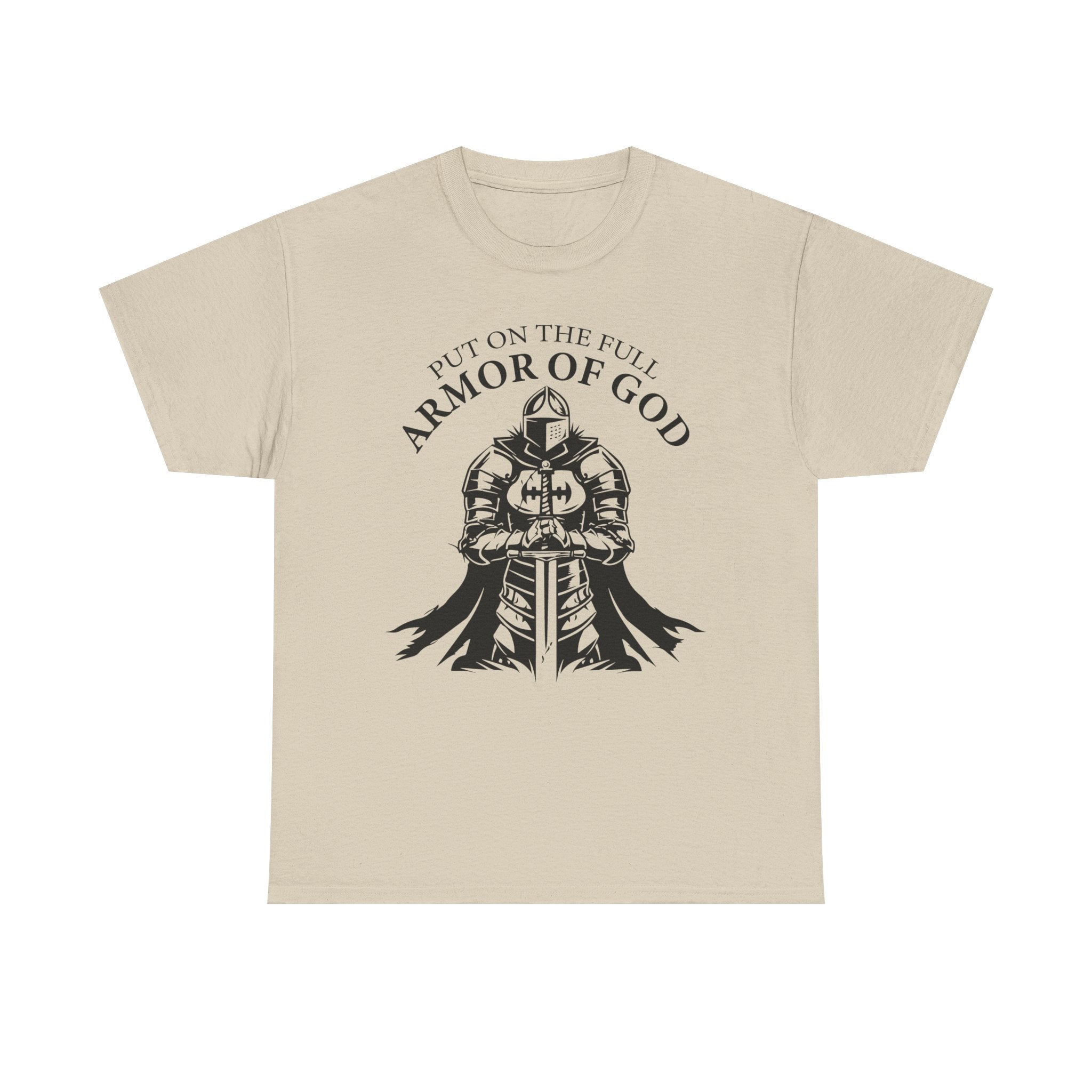 Inspirational Christian Tee 'Put on the Full Armor of God' with Romans 6:23 Faith Heavy Cotton T-Shirt