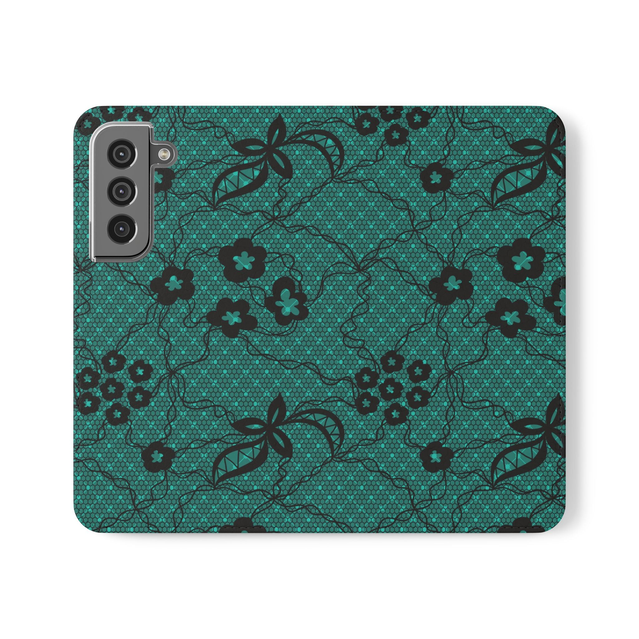 Green & Black Floral Bows Flip Case iPhone Samsung Wallet, Stylish Cover, Gift for Her, Floral Design, Everyday Essential Protective Case