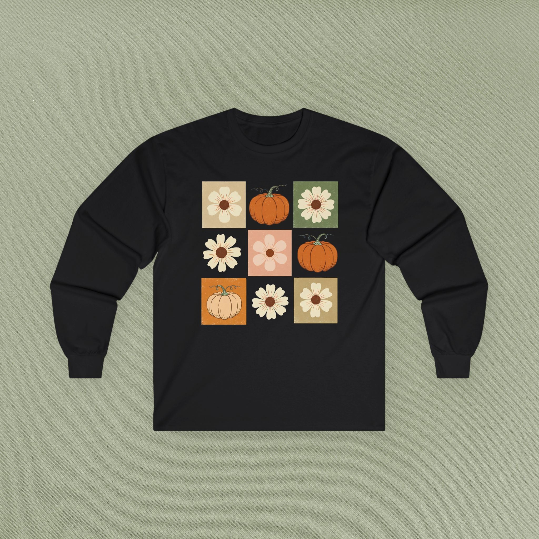 Fall Floral Pumpkin Long Sleeve Tee, Cozy Autumn Top, Cute Harvest Shirt, Thanksgiving Apparel, Seasonal Gift