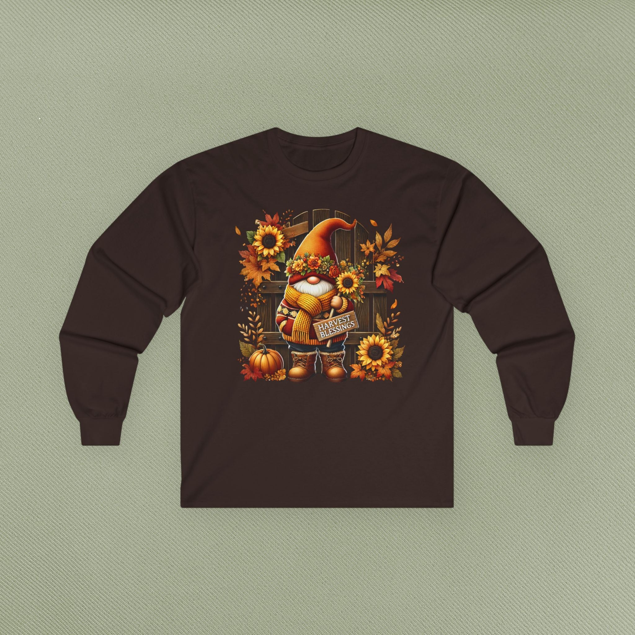 Autumn Gnome Long Sleeve Tee, Fall Fashion Top, Cozy Apparel for Harvest, Gift for Halloween & Thanksgiving