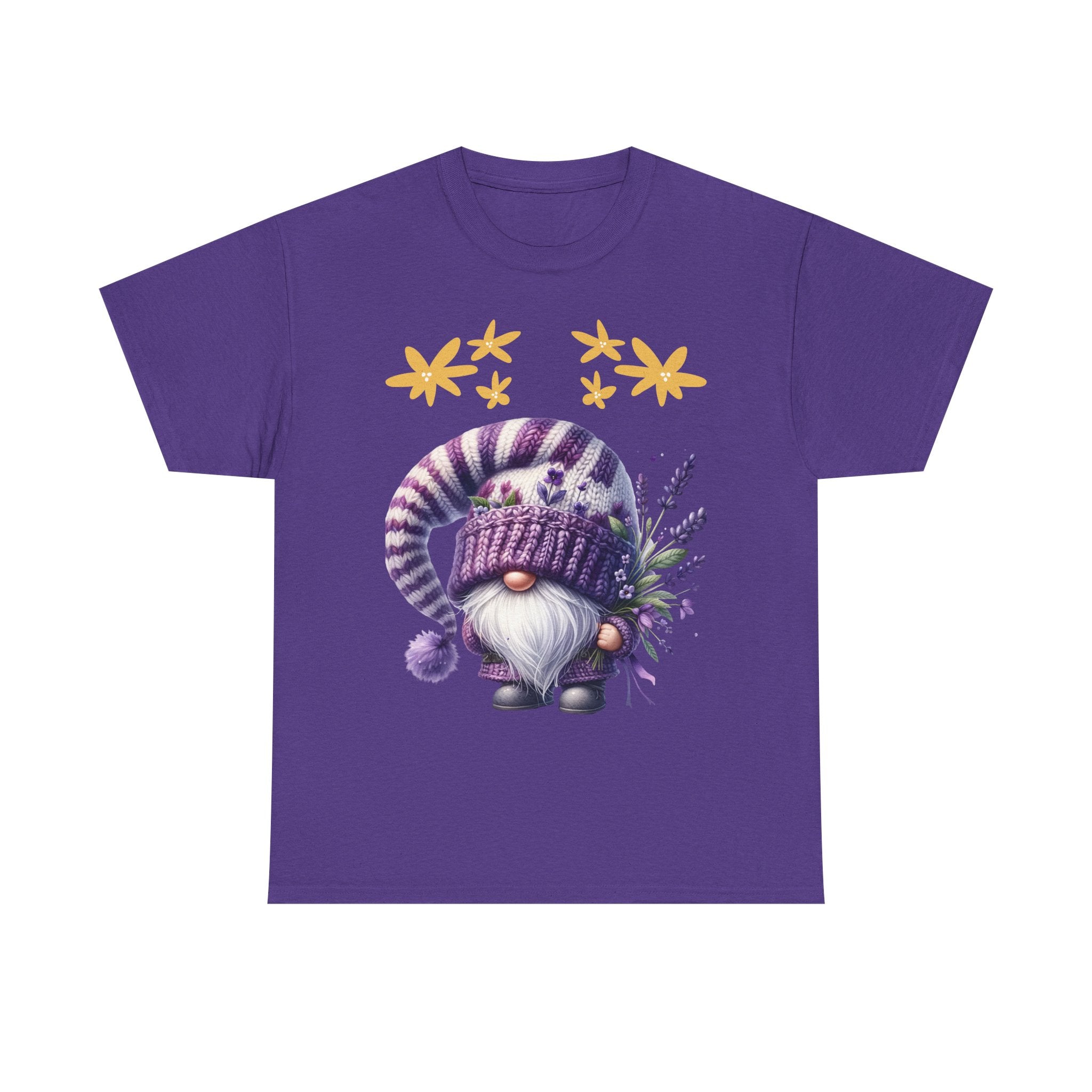 Cute Gnome Floral Heavy Cotton Tee, Vintage Style Shirt, Casual Wear, Gift for Gnome Lovers, Spring Outfits, Lavender Vibes