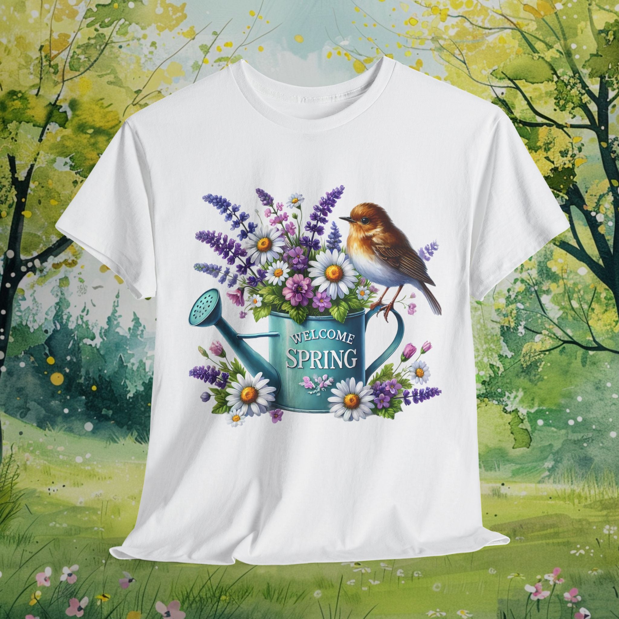 Welcome Spring Heavy Cotton Tee - Floral Design with Birds, Perfect for Garden Lovers