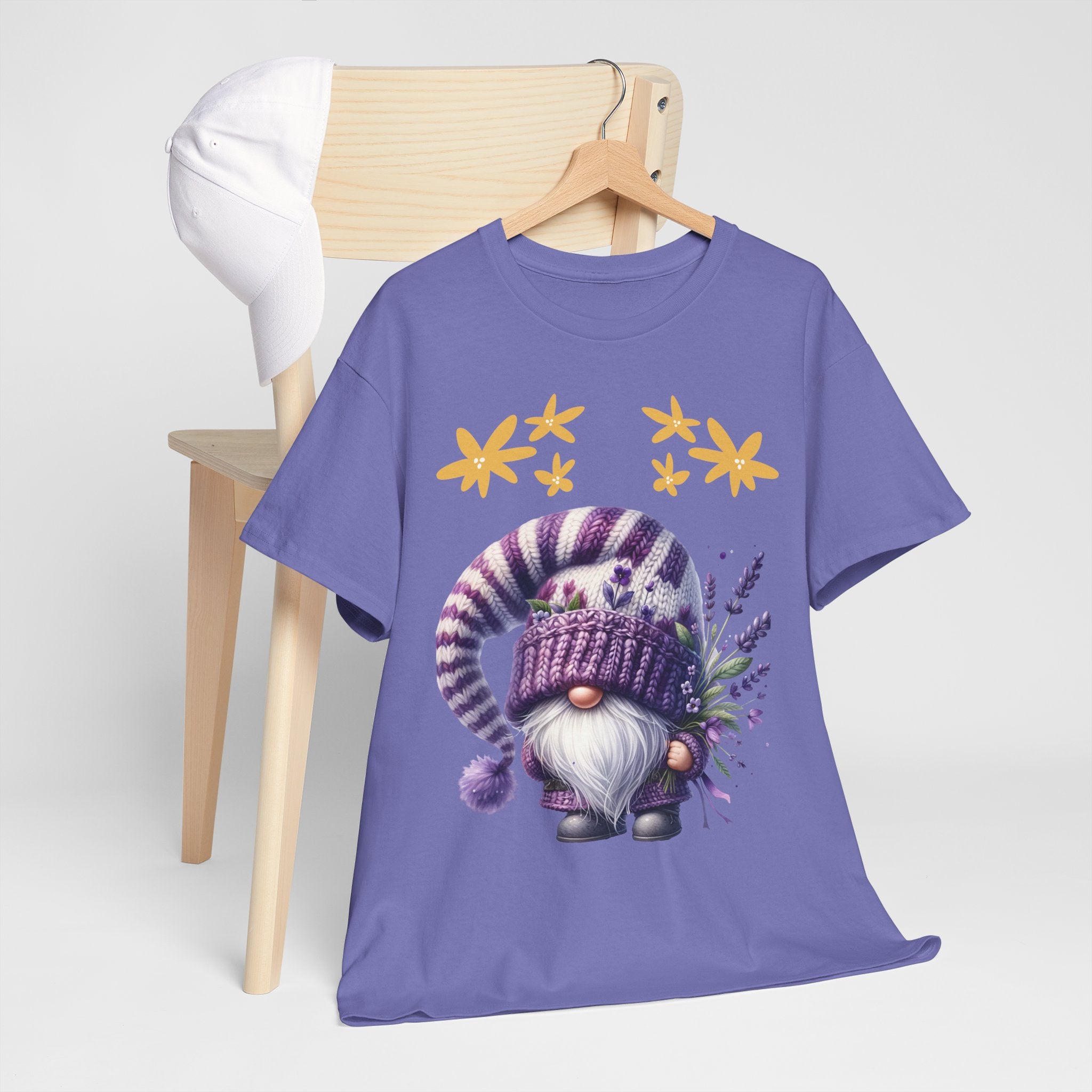 Cute Gnome Floral Heavy Cotton Tee, Vintage Style Shirt, Casual Wear, Gift for Gnome Lovers, Spring Outfits, Lavender Vibes
