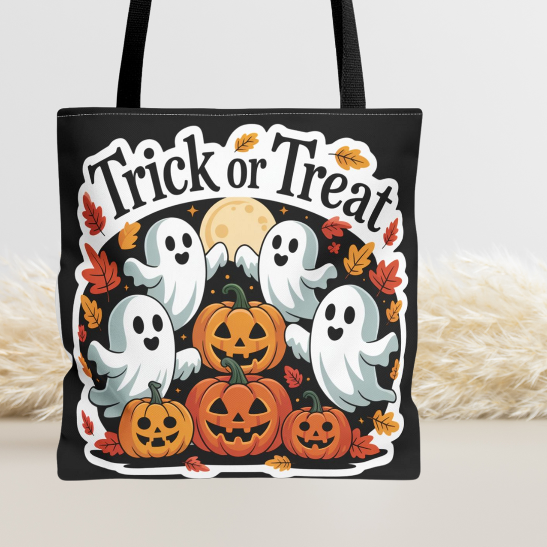 Halloween Tote Bag, Trick or Treat Bag, Spooky Shopping Bag, Ghost & Pumpkin Tote, Fall Festival Accessory