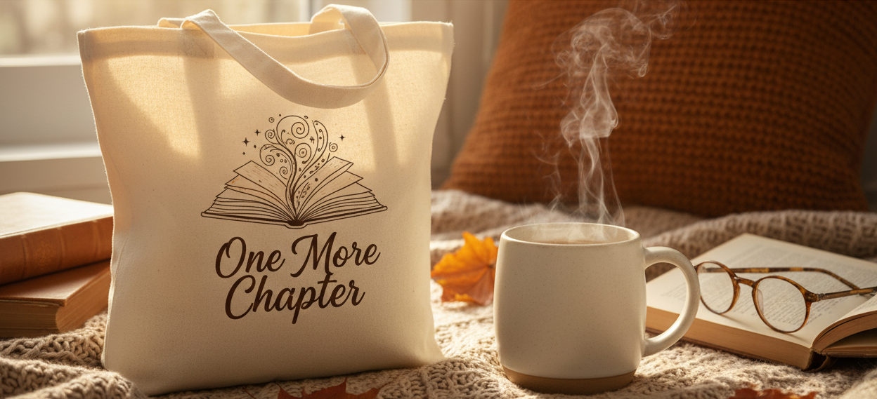 create a horizontal image with bookish tote bag and coffee mug. Add title "Cozy Finds For Book Lovers".