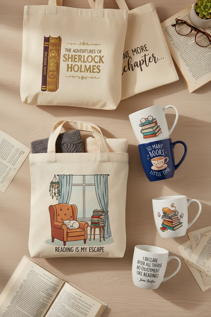 create a vertical image of best selling bookish tote bags and coffee mugs