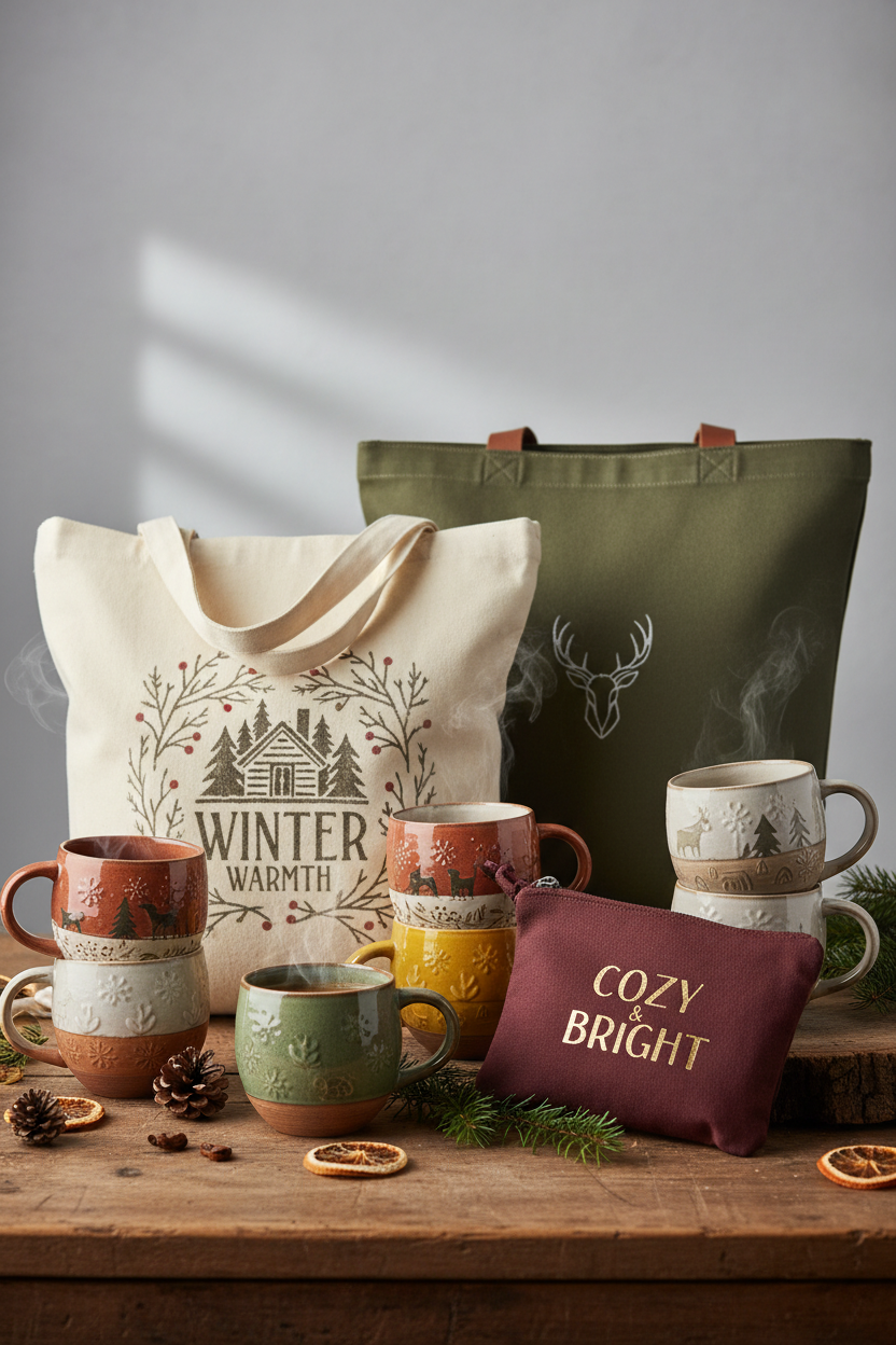 Create a vertical image showing seasonal gift items such as coffee mugs and tote bags
