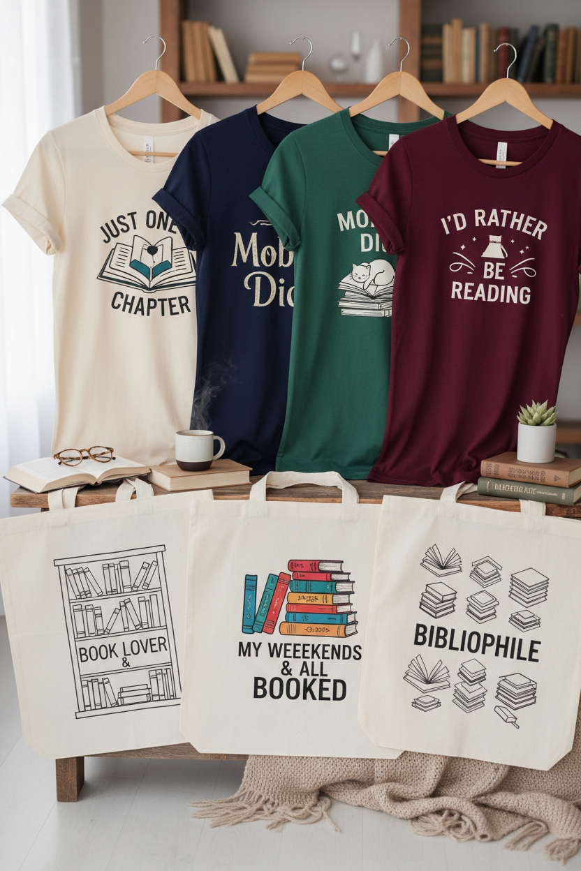 create a vertical image that shows bookish t-shirts and tote bags