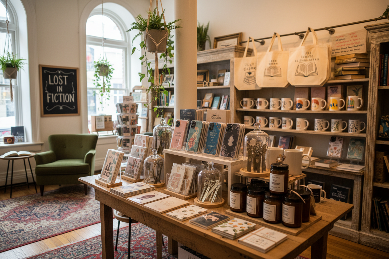 create an image of a retail bookish store with tote bags, coffee mugs, phone cases, and bookish gifts