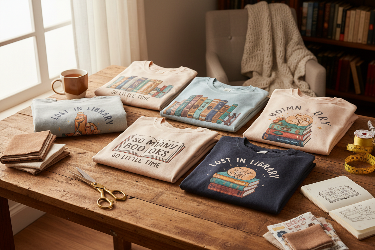 create an image with bookish t-shirt and hoodies on crafting table