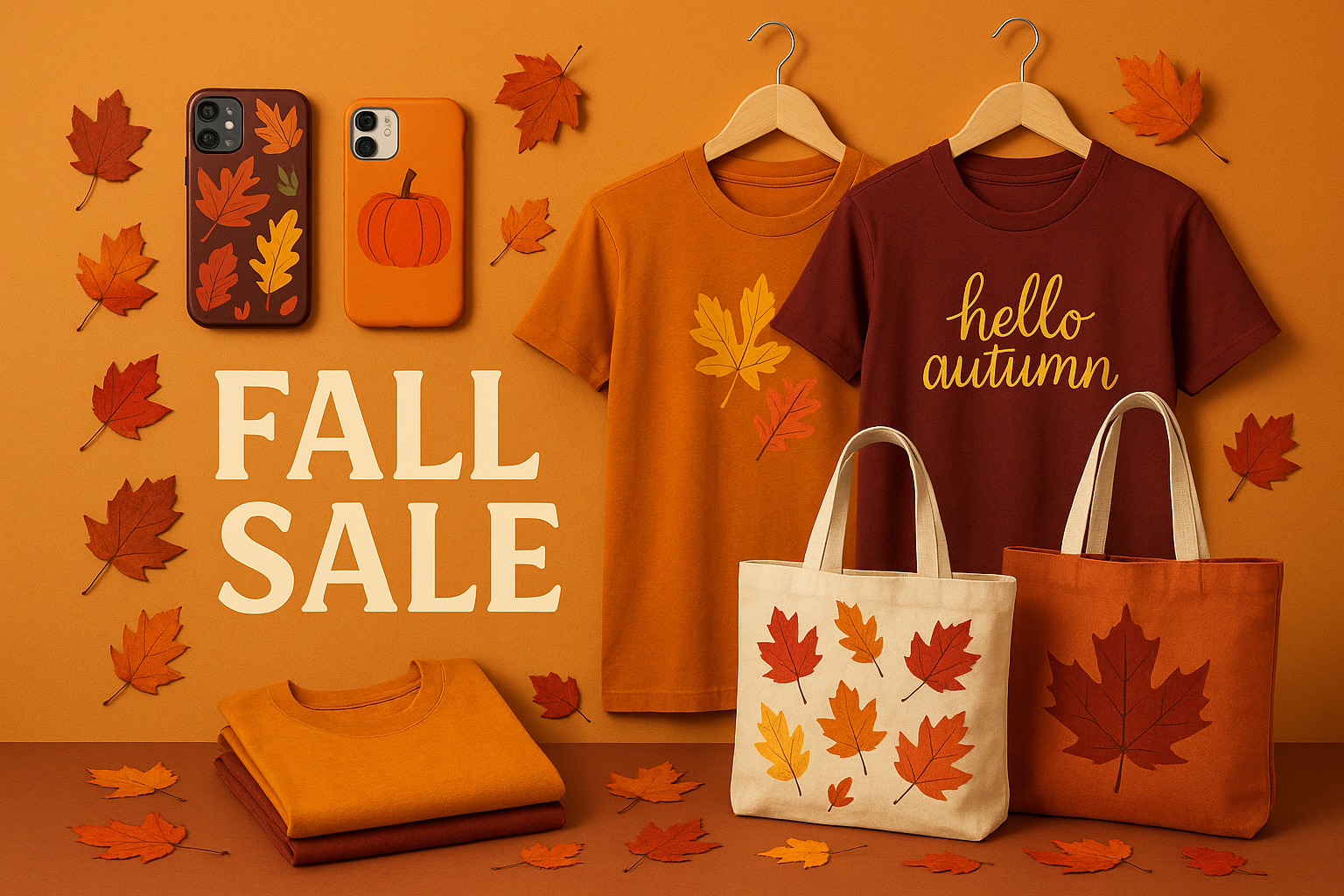 Fall sale phone cases, t-shirts, tote bags
