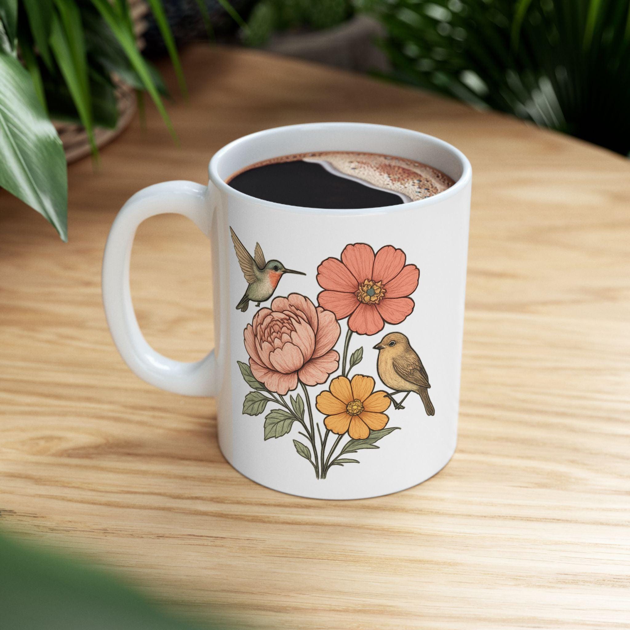 Floral Wildlife Mug: Botanical Bird Art (Ceramic, 11oz)