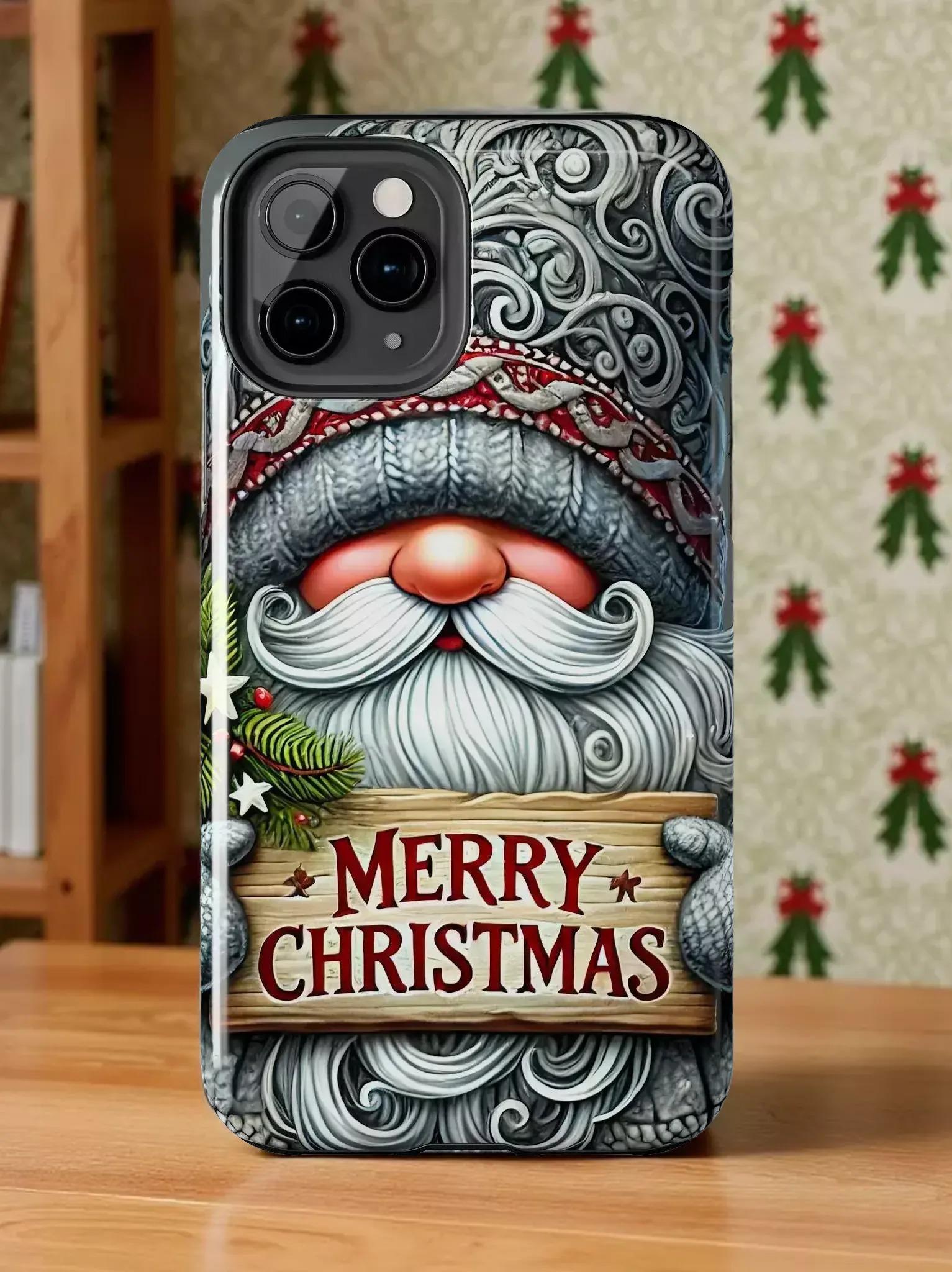 A phone case featuring a Christmas-themed design with a smiling Santa Claus face, a wooden sign that says "Merry Christmas", and holiday decorations in the background.