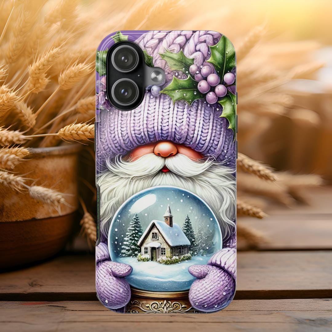 Phone Case Christmas Gnome Purple Snow Globe Holiday Protective Cover iPhone And Samsung Tough Case Impact Resistant