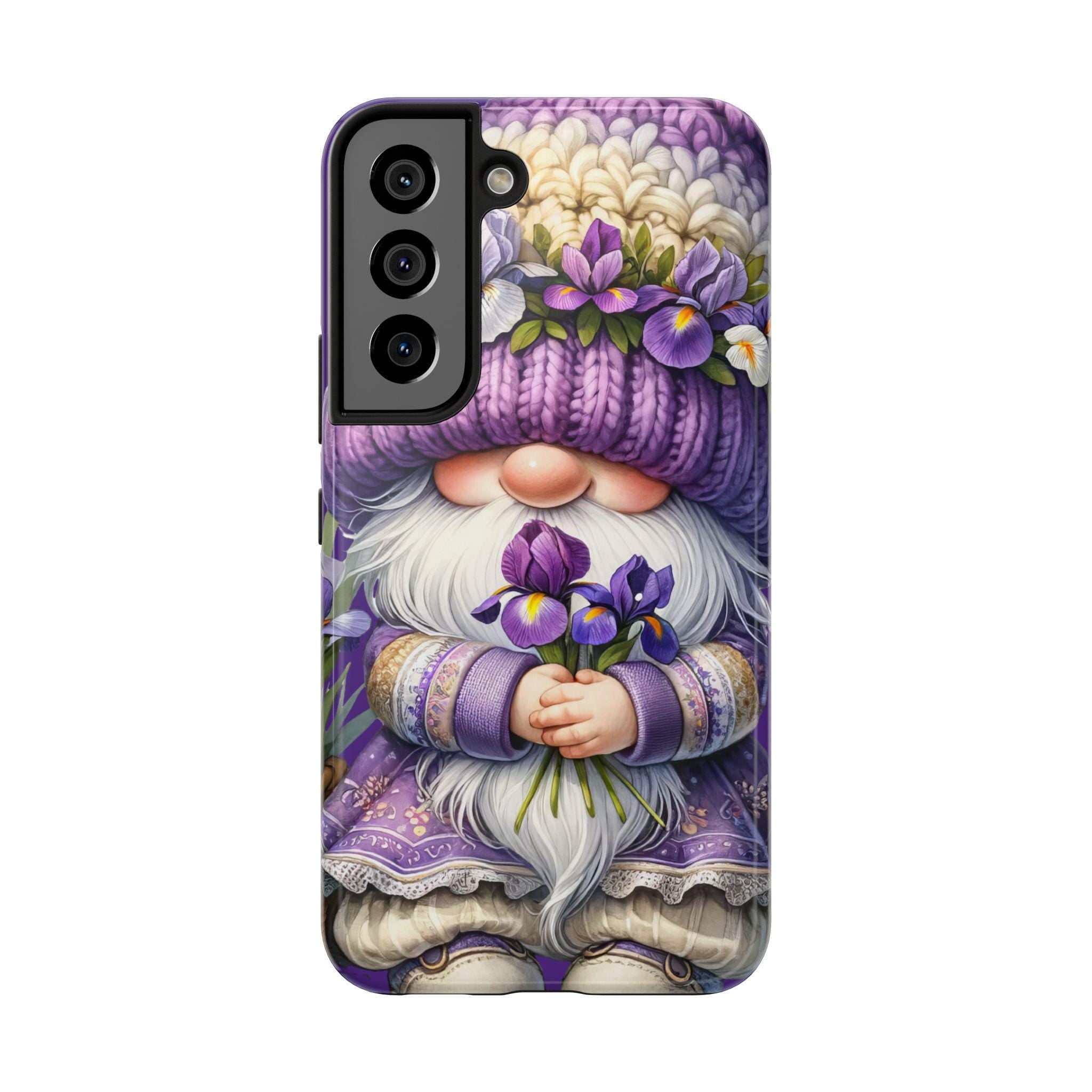 a phone case with a whimsical design of a gnome holding flowers.