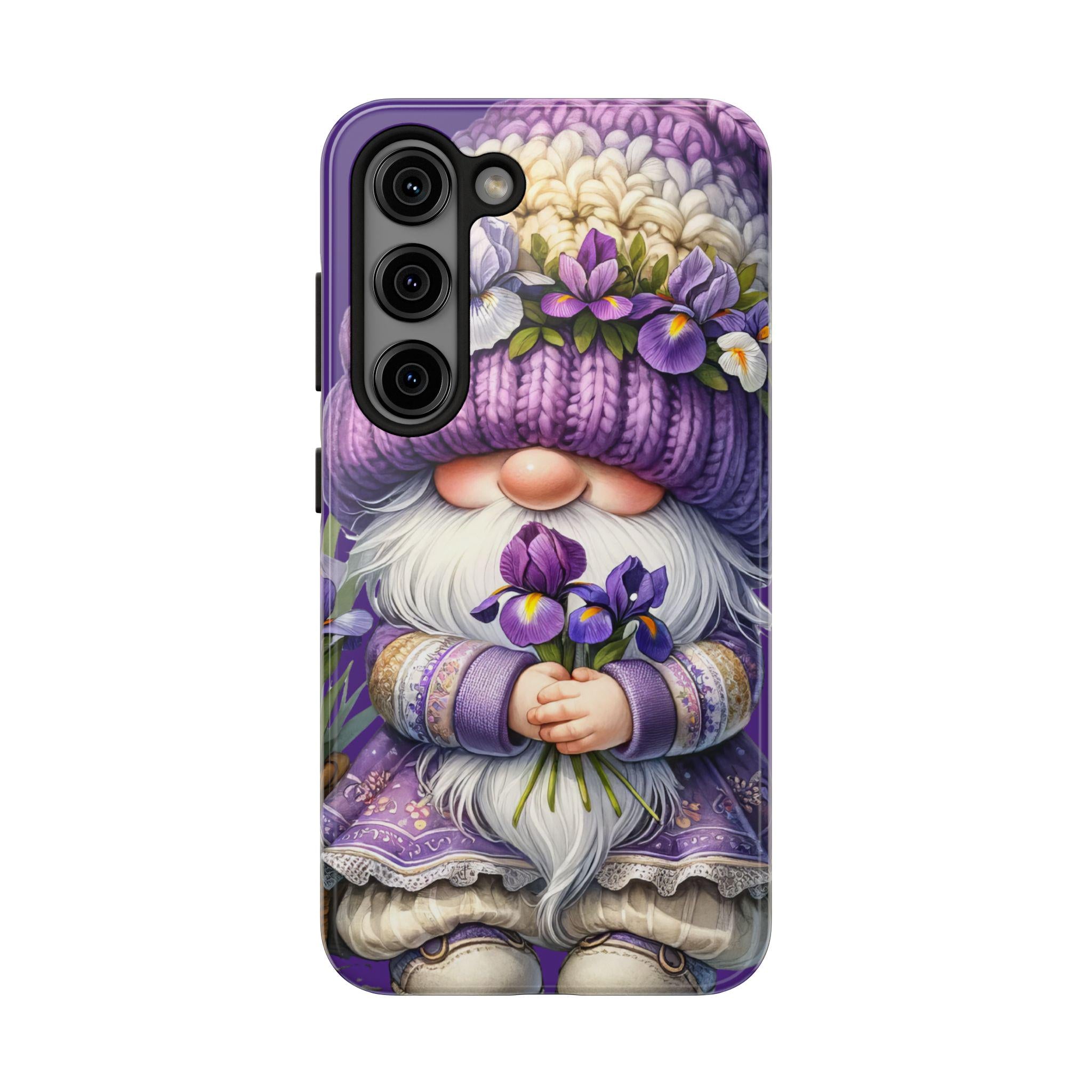 a phone case with a whimsical design of a gnome holding flowers and wearing a purple hat.